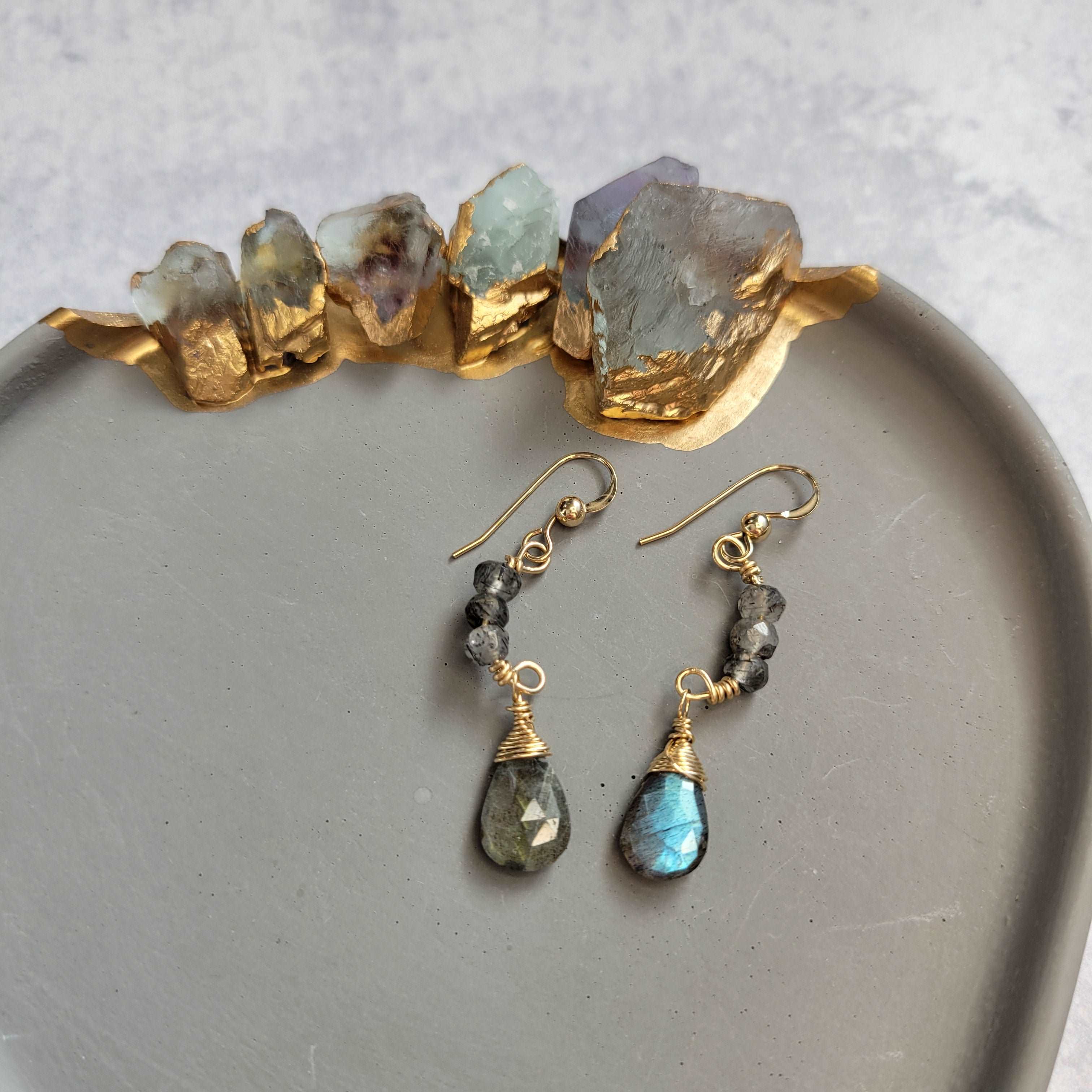 Harvest Half Moon Handcrafted 14k Gold-Filled Labradorite &amp; Rutilated Quartz Earrings