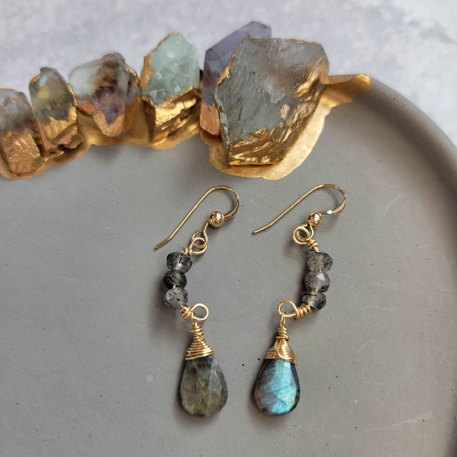 Harvest Half Moon Handcrafted 14k Gold-Filled Labradorite &amp; Rutilated Quartz Earrings