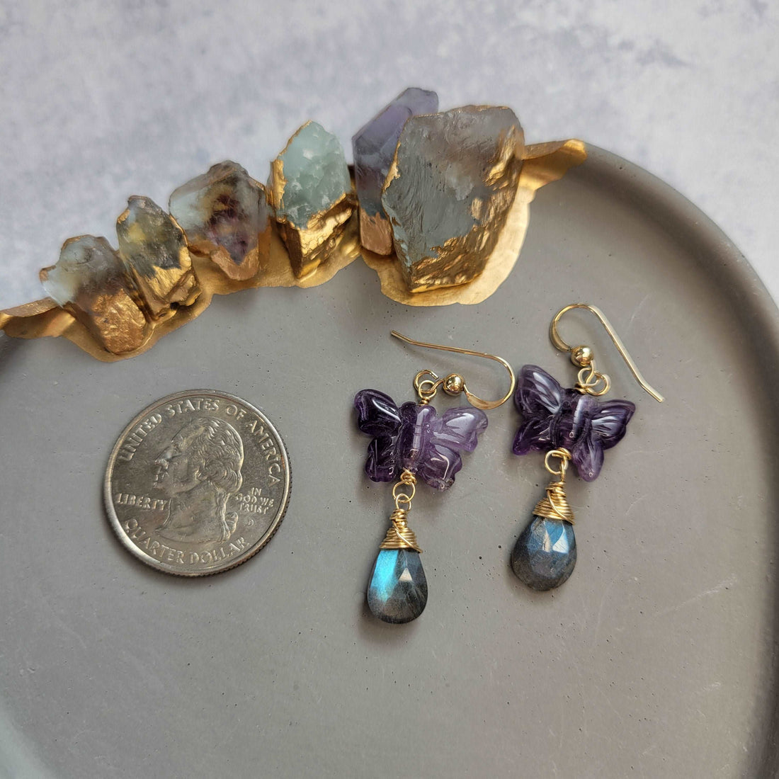 Handcrafted 14K Gold-Filled Amethyst Butterfly &amp; Labradorite Earrings