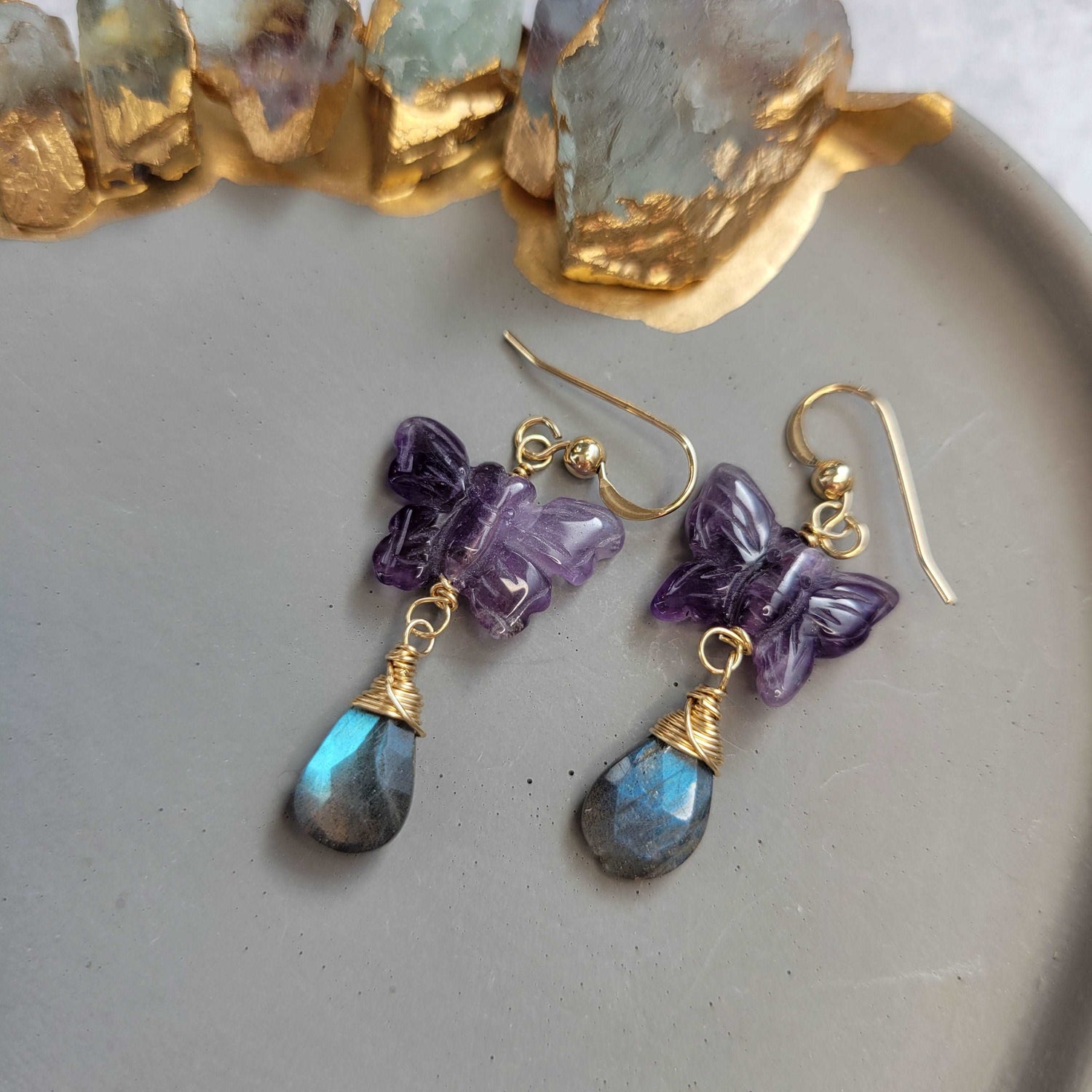 Handcrafted 14K Gold-Filled Amethyst Butterfly &amp; Labradorite Earrings