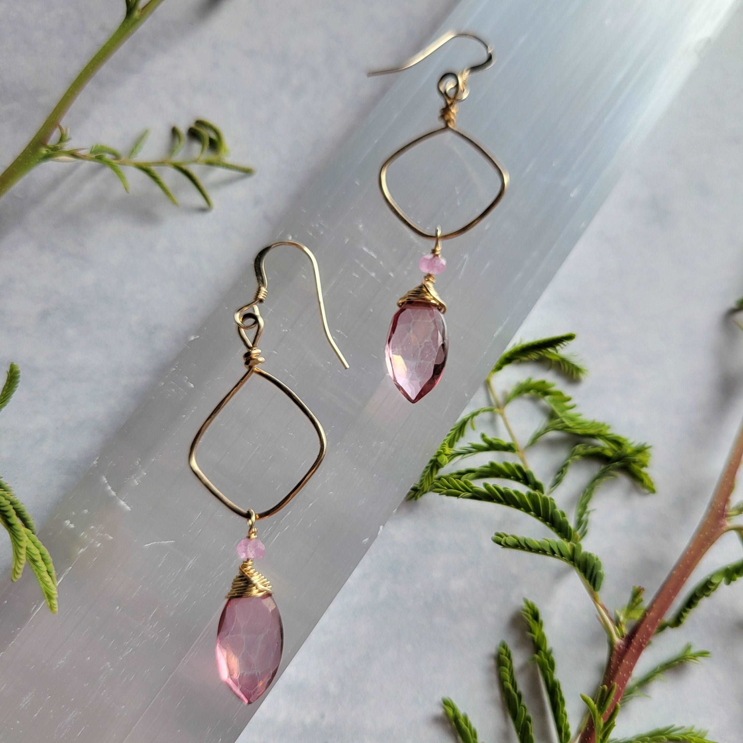 Hammered 14k Gold-Filled Pink Mystic Quartz &amp; Sapphires Earrings