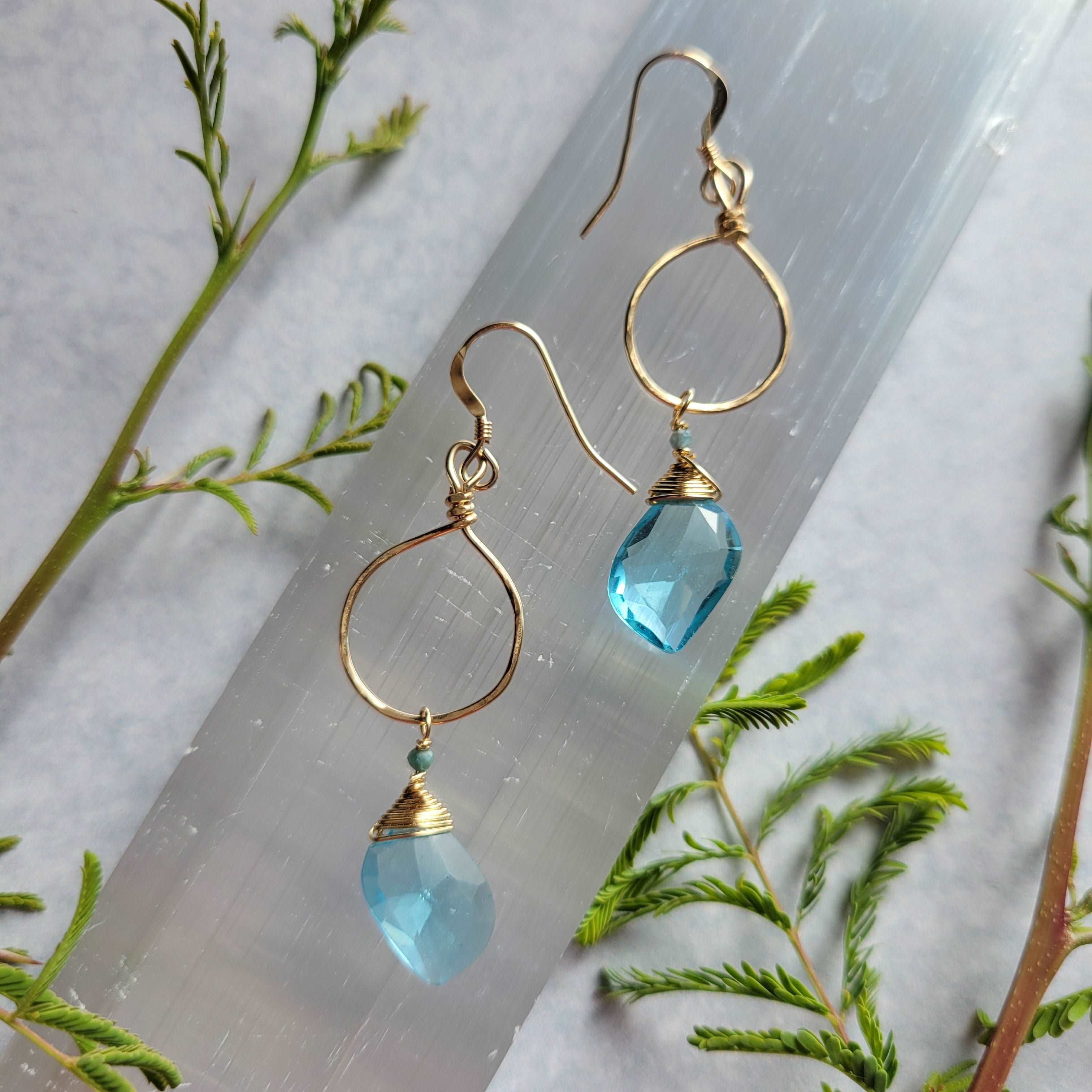 Hammered 14k Gold-Filled Blue Topaz &amp; Tourmaline Earrings