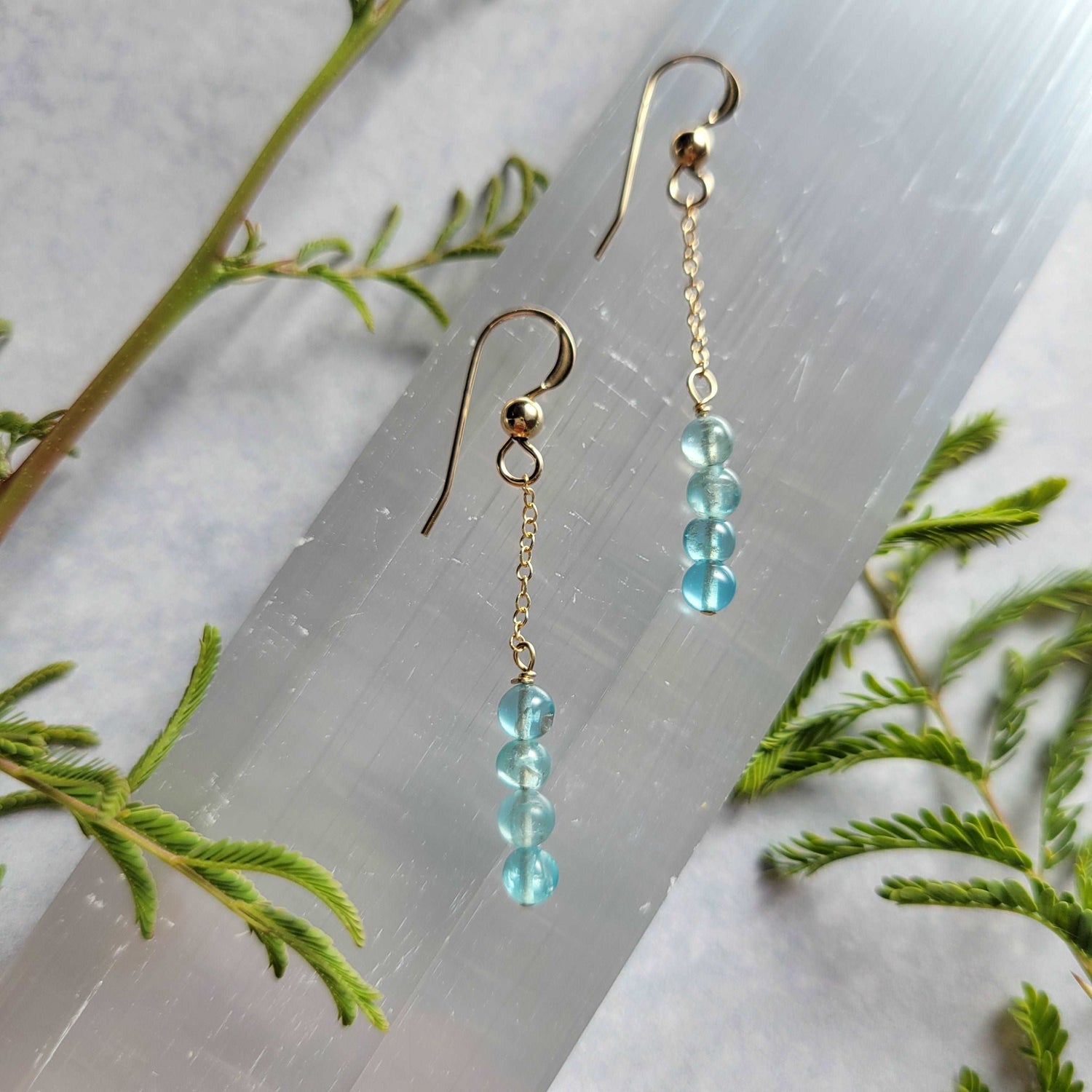 Handcrafted 14k Gold-Filled Blue Apatite Chain Dangle Dainty Earrings