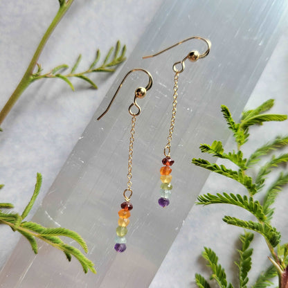 Handcrafted 14k Gold-Filled Chakra Pride Gemstone Chain Dangle Dainty Earrings