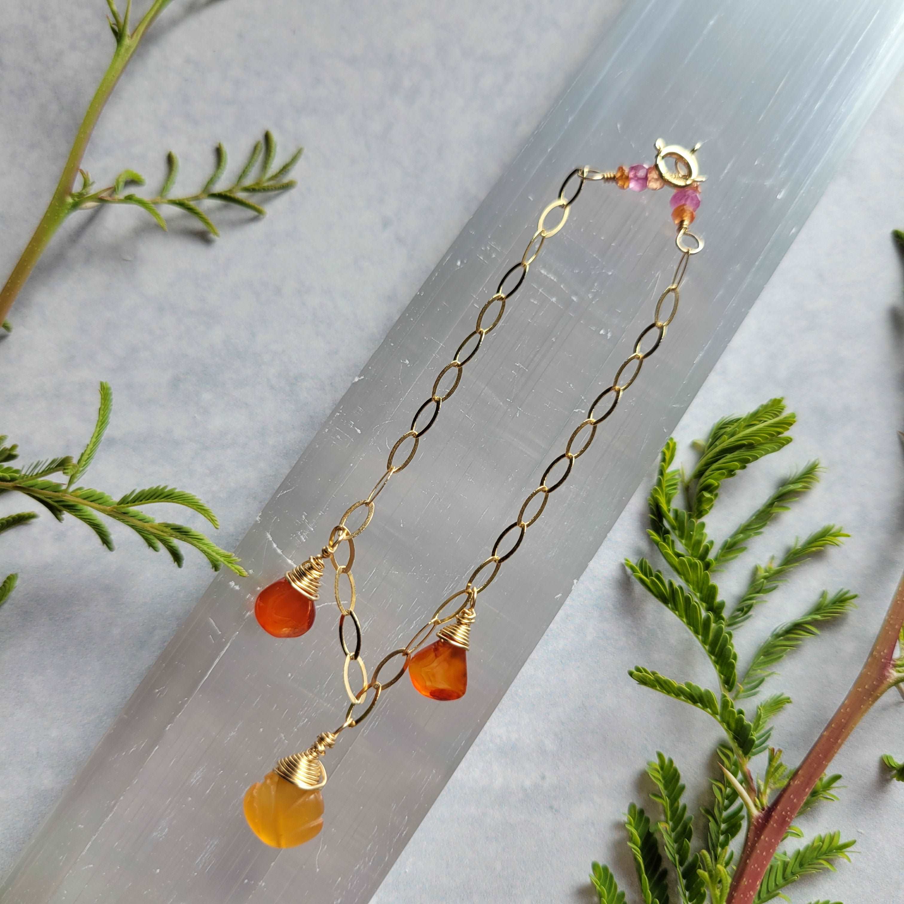 Handcrafted 14k Gold-Filled Carnelian Gemstone Charm Bracelet with Orange &amp; Pink Sapphires