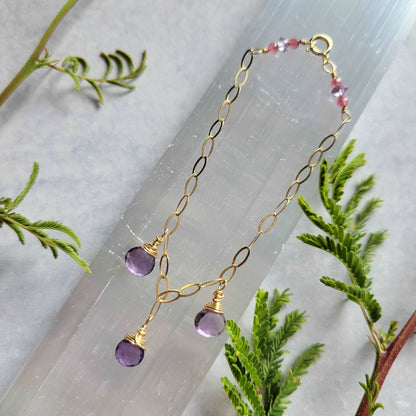 Handcrafted 14k Gold-Filled Gemstone Charm Bracelet with Amethyst &amp; Pink Tourmaline