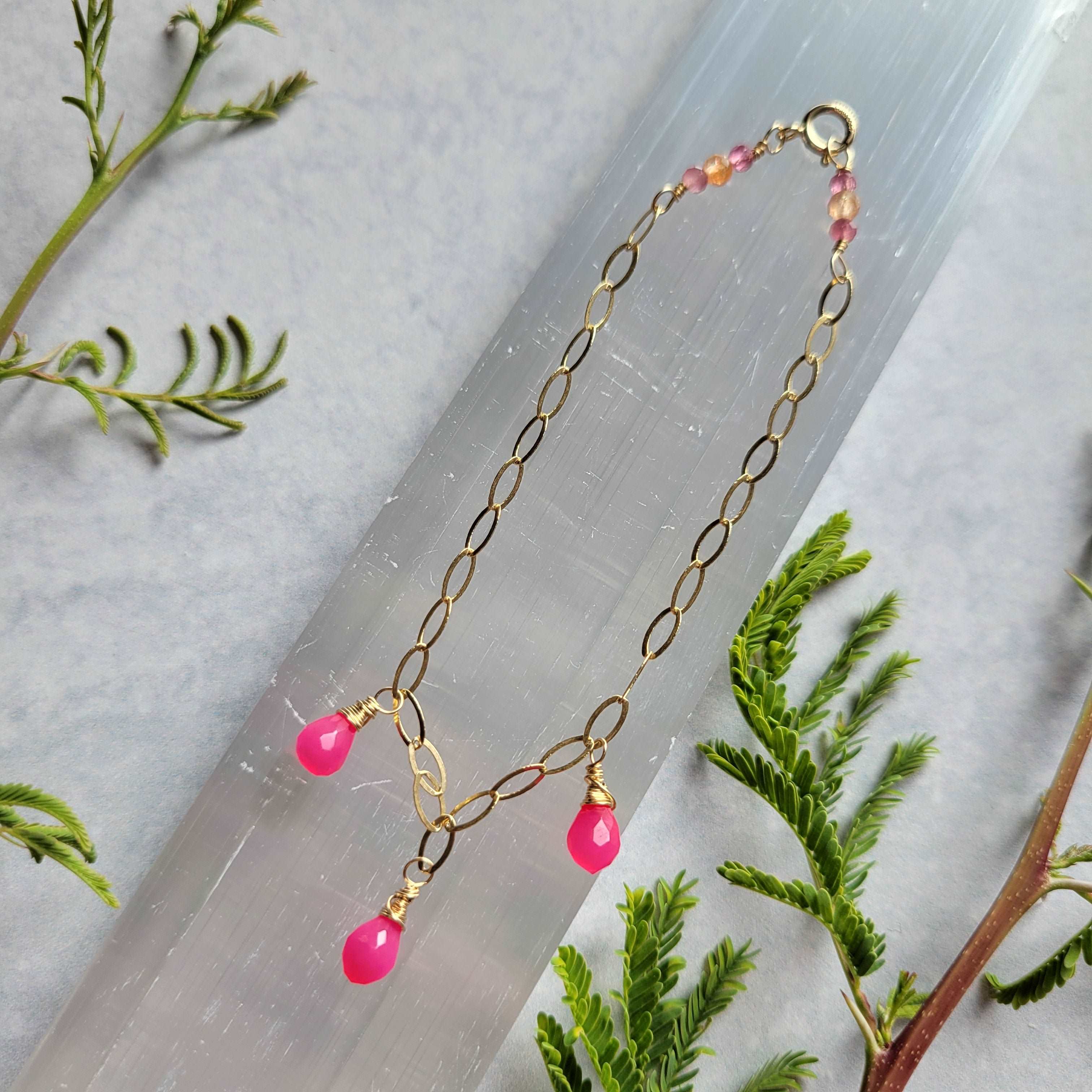 Handcrafted 14k Gold-Filled Pink Chalcedony Gemstone Charm Bracelet with Pink Tourmaline &amp; Orange Sapphires