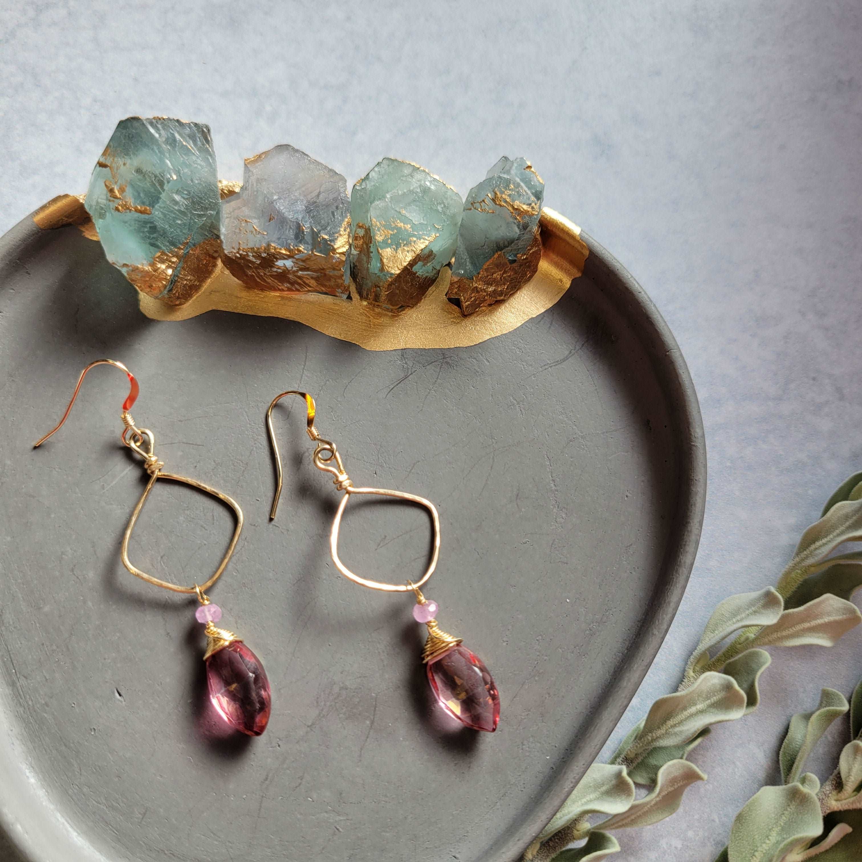 Hammered 14k Gold-Filled Pink Mystic Quartz &amp; Sapphires Earrings