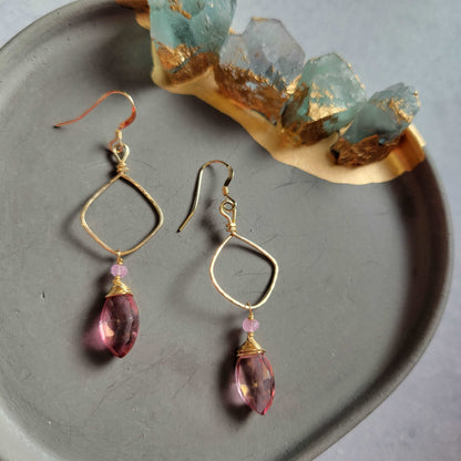 Hammered 14k Gold-Filled Pink Mystic Quartz &amp; Sapphires Earrings