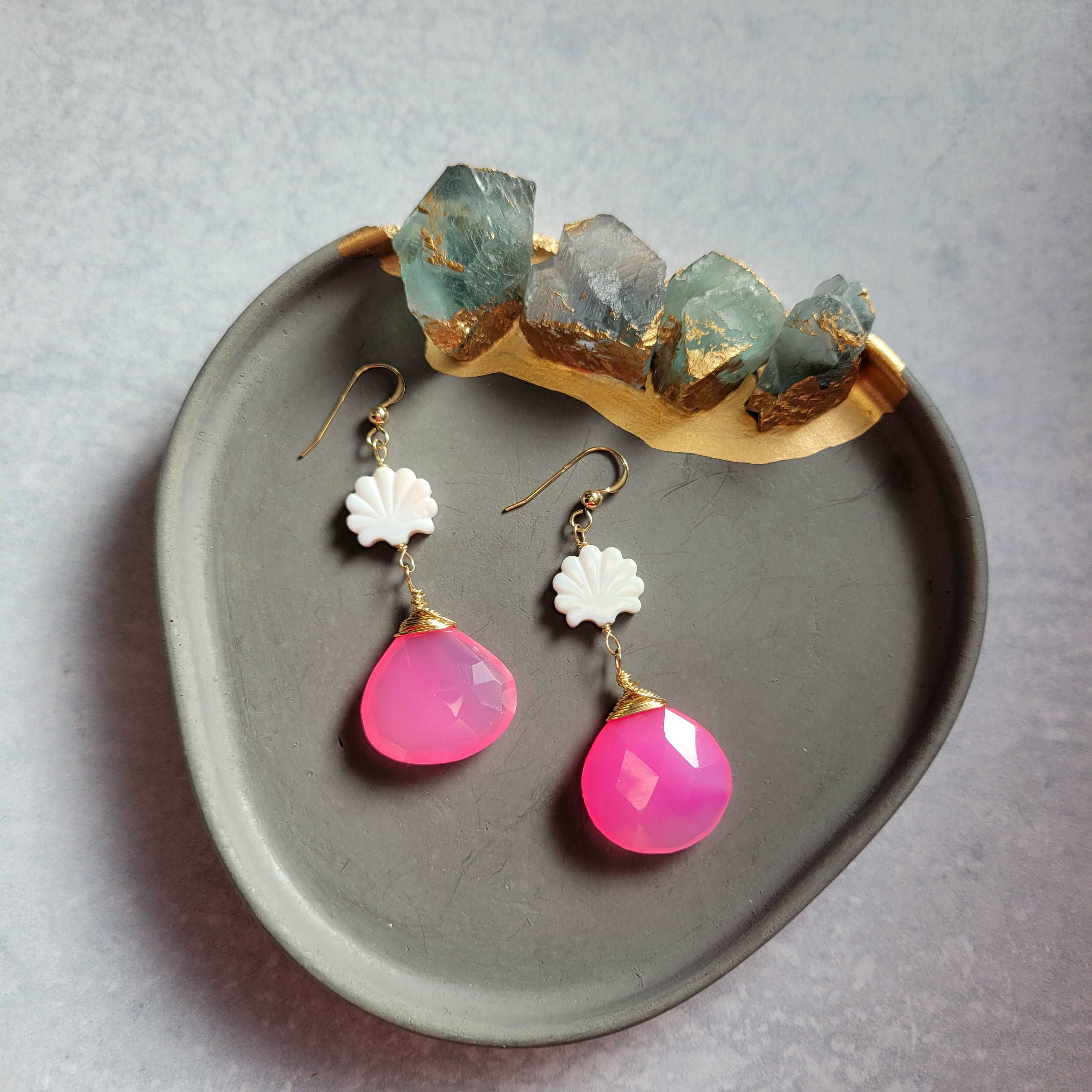 14k Gold-Filled Clam Shell &amp; Pink Chalcedony Earrings