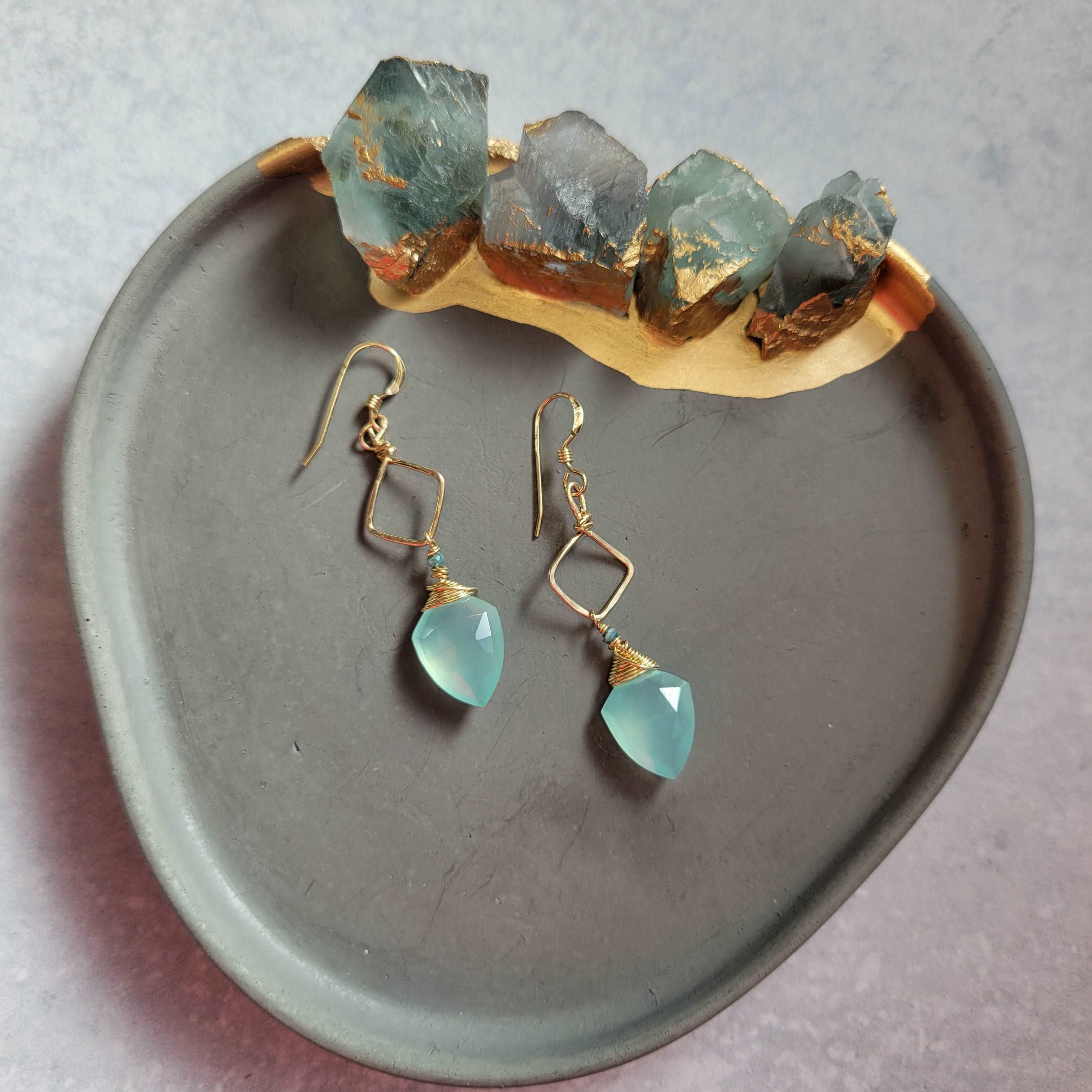 Hammered 14K Gold-Filled Blue Chalcedony &amp; Tourmaline Earrings