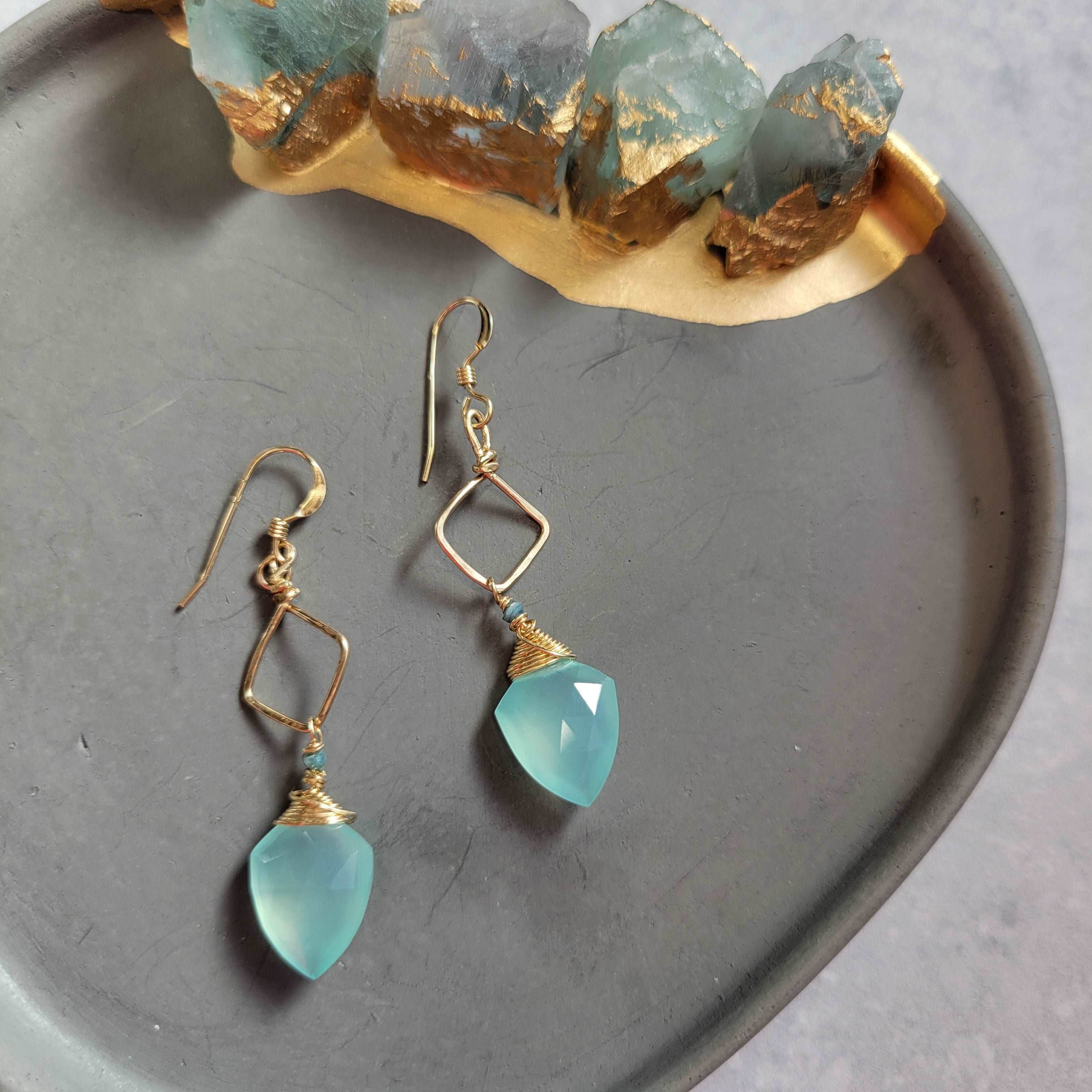 Hammered 14K Gold-Filled Blue Chalcedony &amp; Tourmaline Earrings