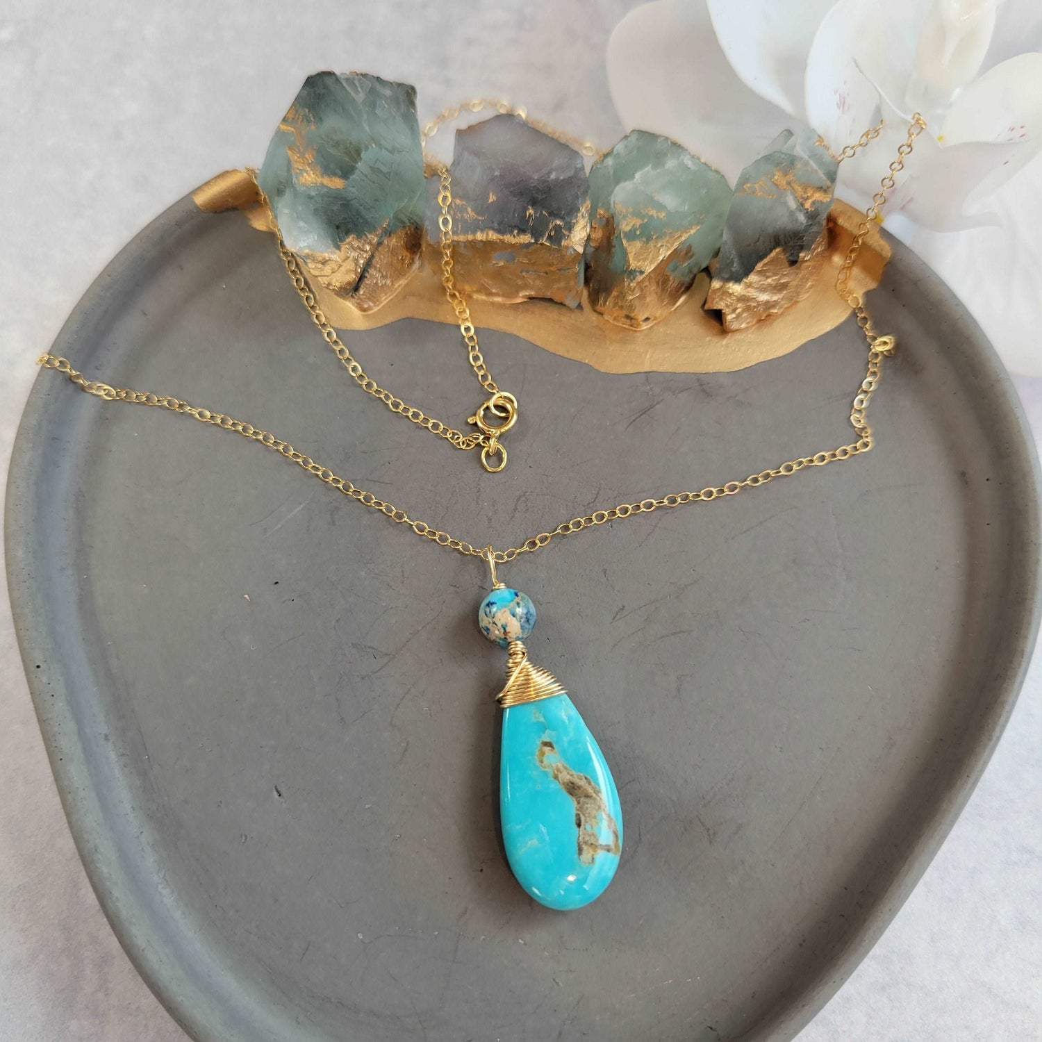 Kingman Turquoise &amp; Impression Jasper Necllace on 18&quot; 14k Gold-Filled Chain