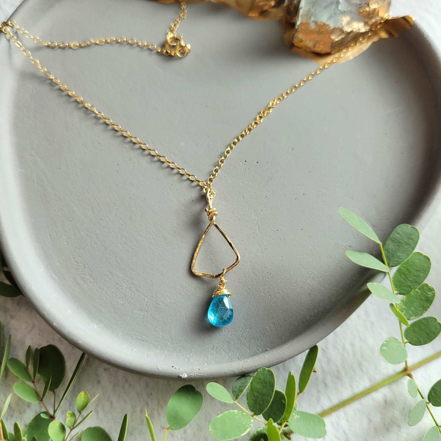 14k Hammered Gold-Filled Triangle Shield Blue Zircon 18&quot; Necklace