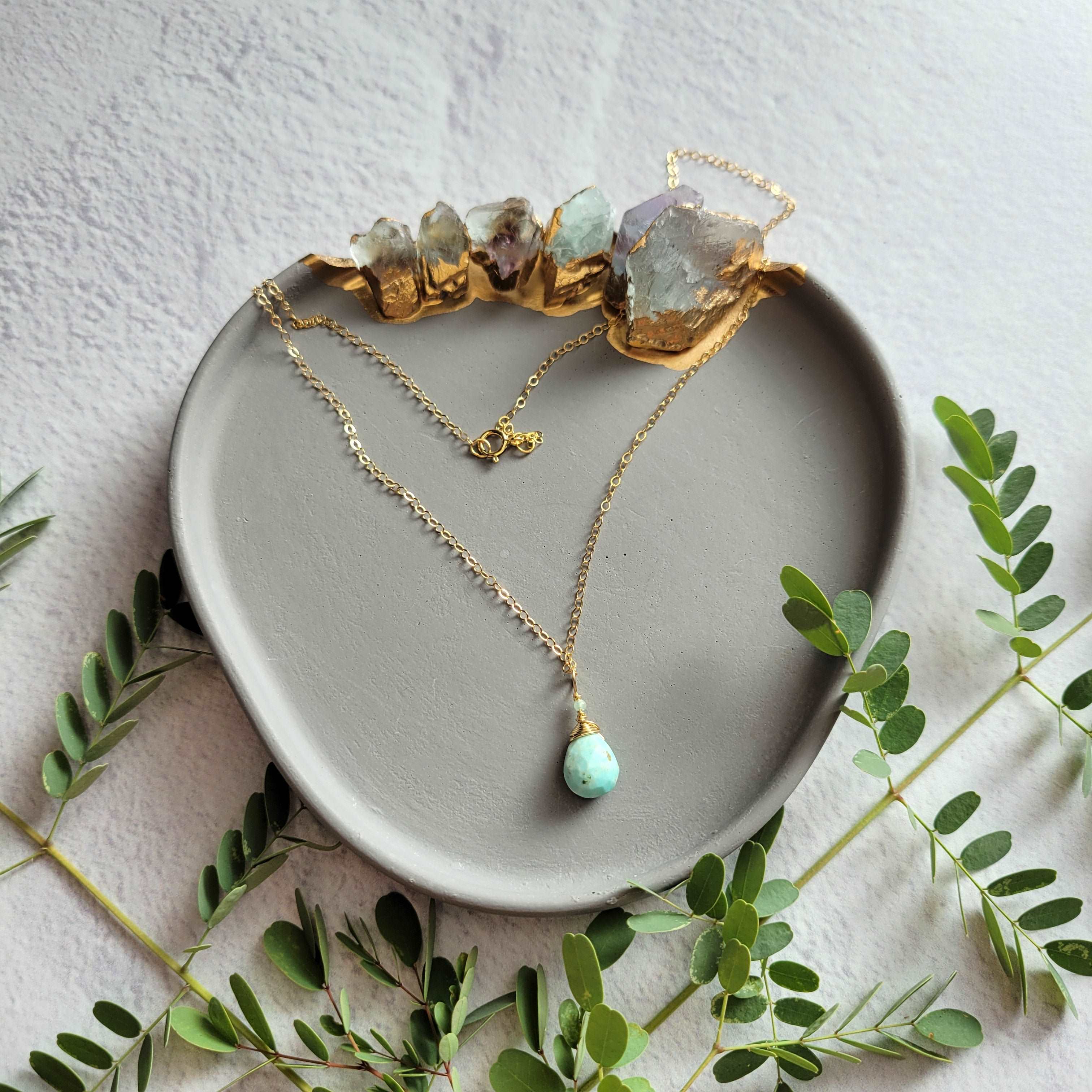 Larimar &amp; Green Tourmaline Necklace on 18&quot; 14k Gold-Filled Chain