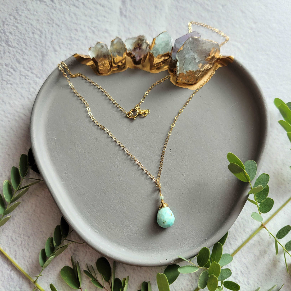 Larimar &amp; Green Tourmaline Necklace on 18&quot; 14k Gold-Filled Chain