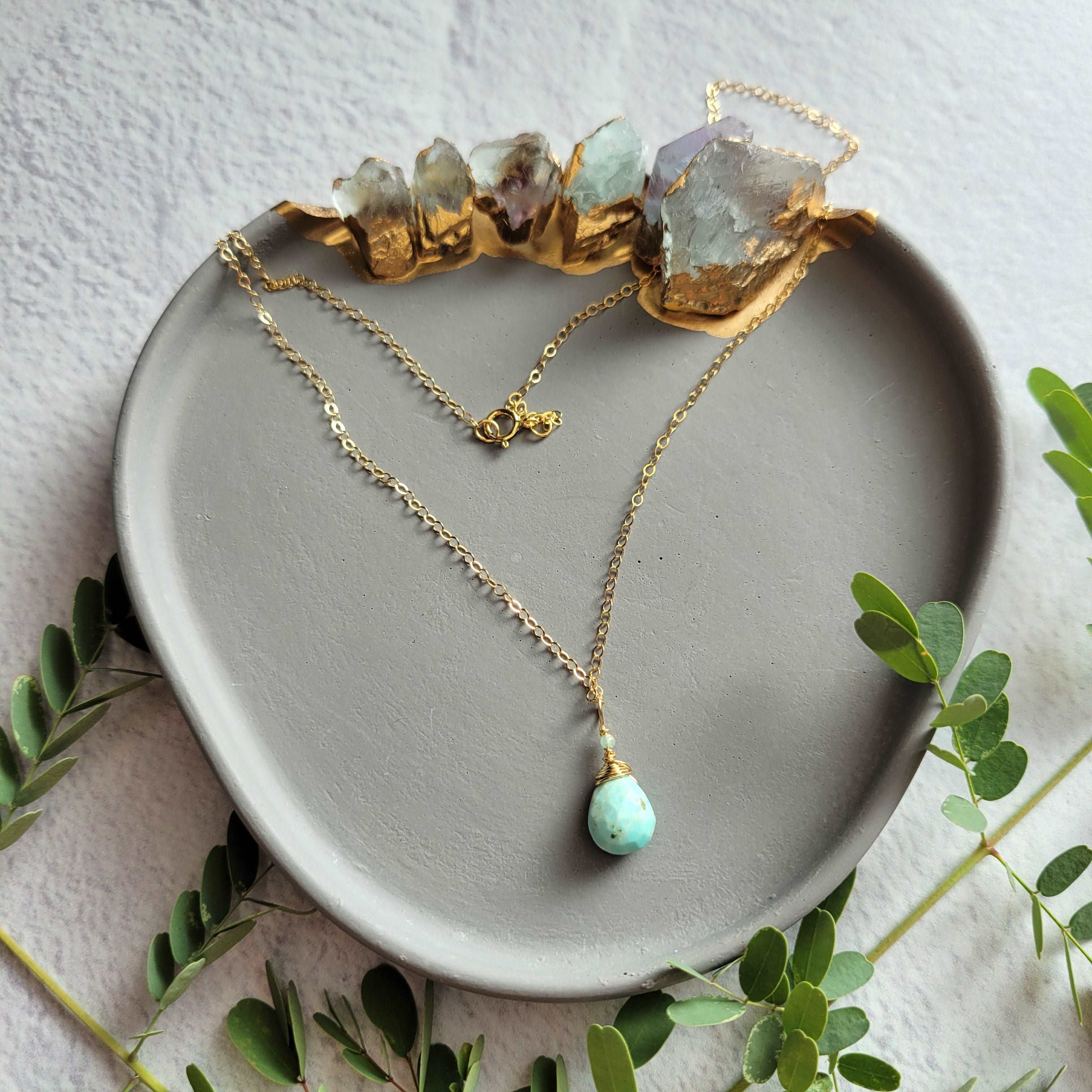 Larimar &amp; Green Tourmaline Necklace on 18&quot; 14k Gold-Filled Chain