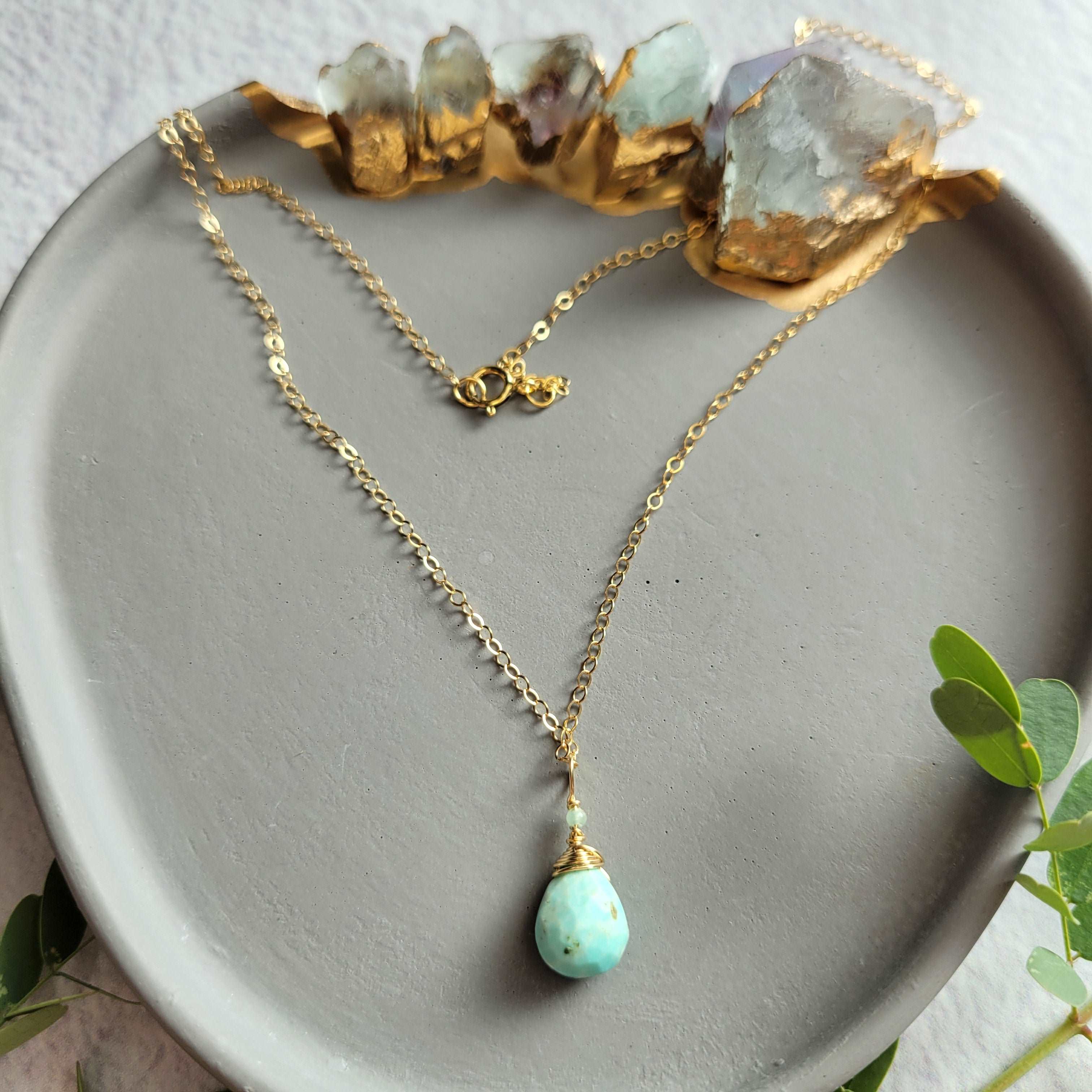 Larimar &amp; Green Tourmaline Necklace on 18&quot; 14k Gold-Filled Chain