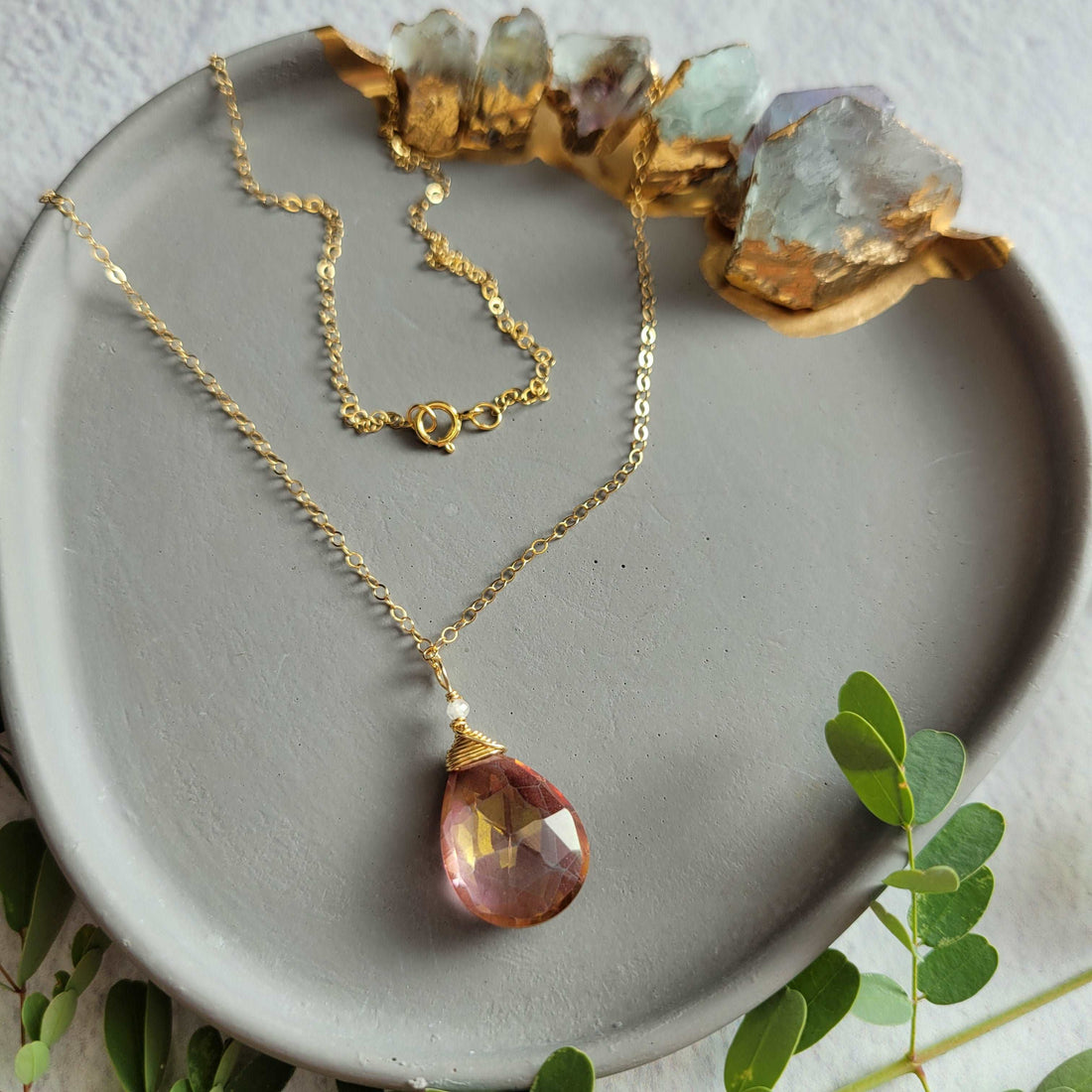 14k Gold-Filled Pink Mysitc Quartz &amp; Sapphires Necklace on 18&quot; 14k Gold-Filled Chain