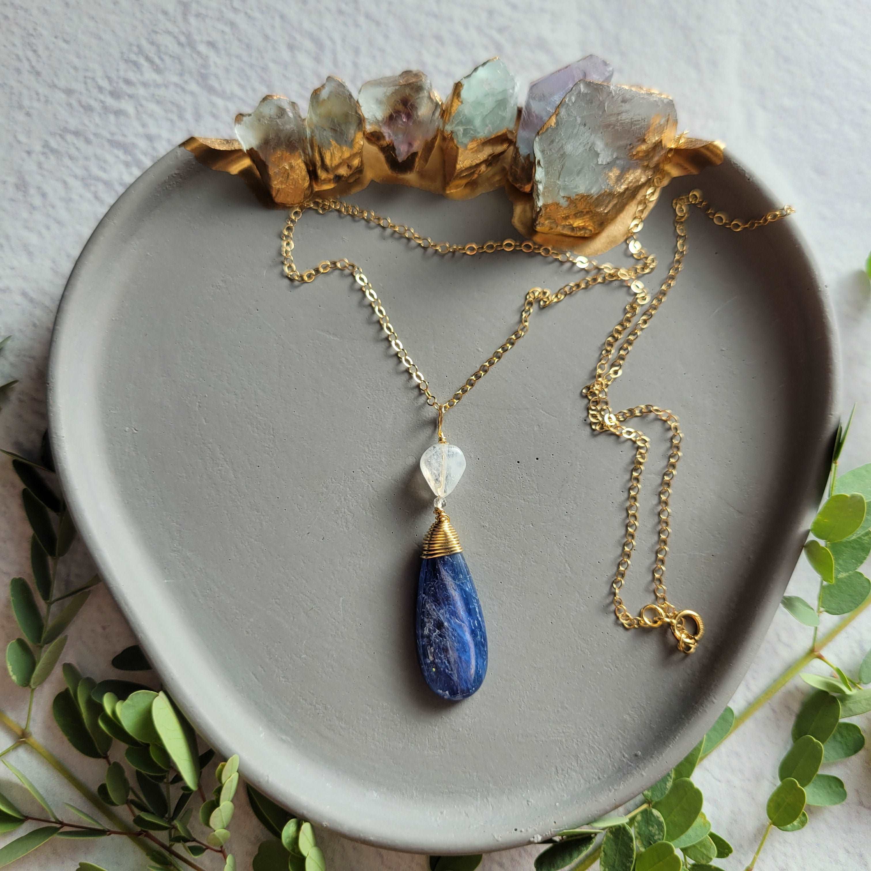 Kyanite &amp; Rainbow Moonstone Necklace on 18&quot; 14k Gold-Filled Chain