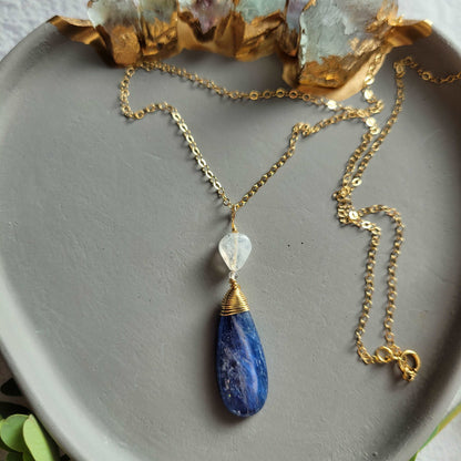 Kyanite &amp; Rainbow Moonstone Necklace on 18&quot; 14k Gold-Filled Chain