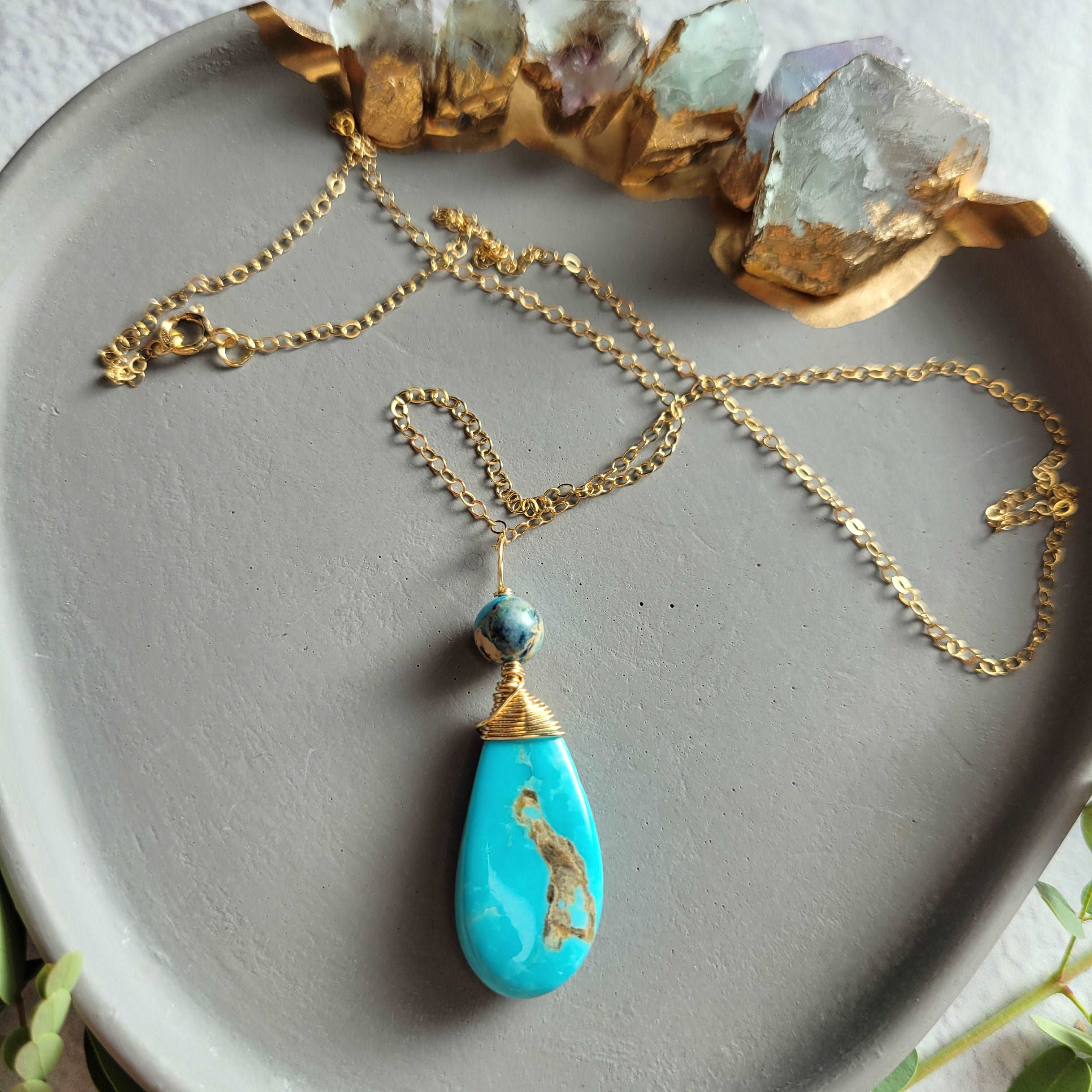 Kingman Turquoise &amp; Impression Jasper Necllace on 18&quot; 14k Gold-Filled Chain