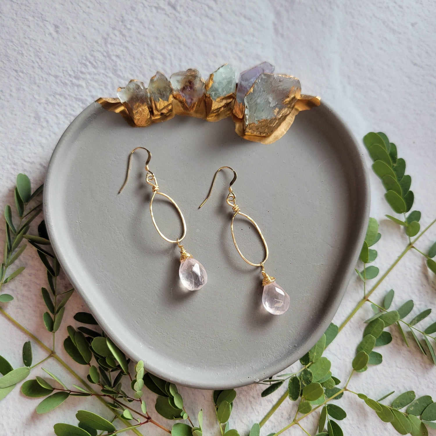 Hammered 14k Gold-Filled Rose Quartz Earrings