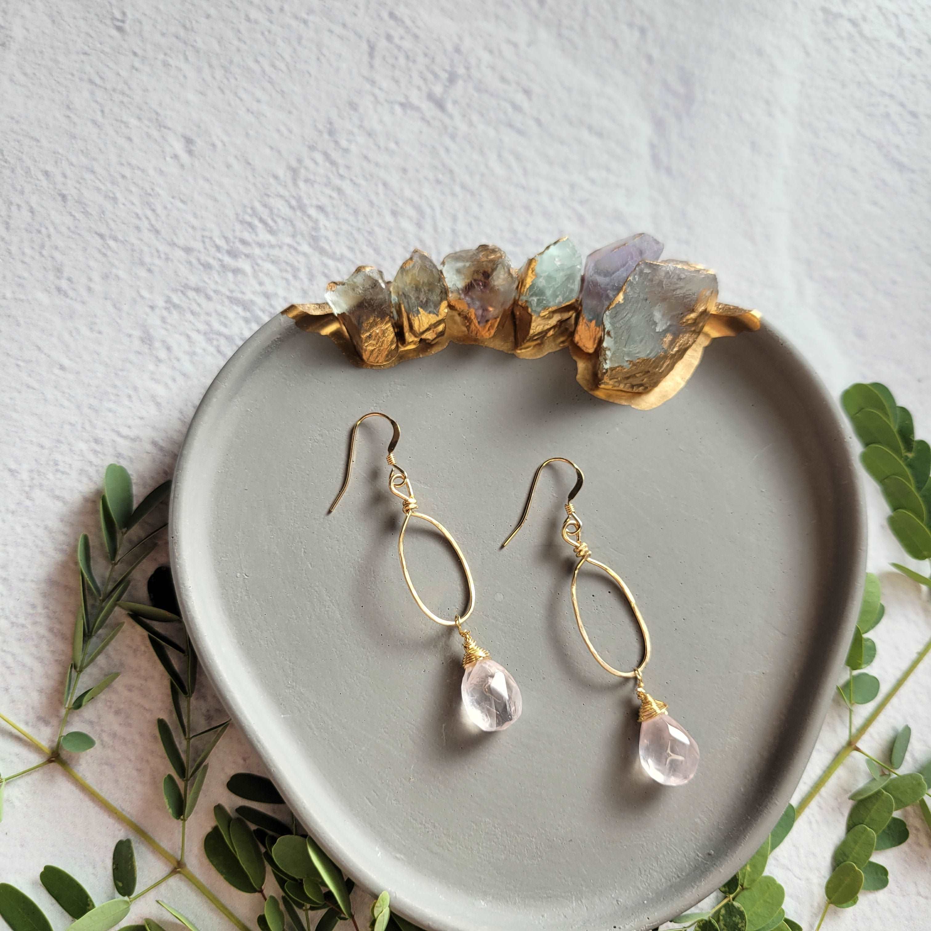 Hammered 14k Gold-Filled Rose Quartz Earrings