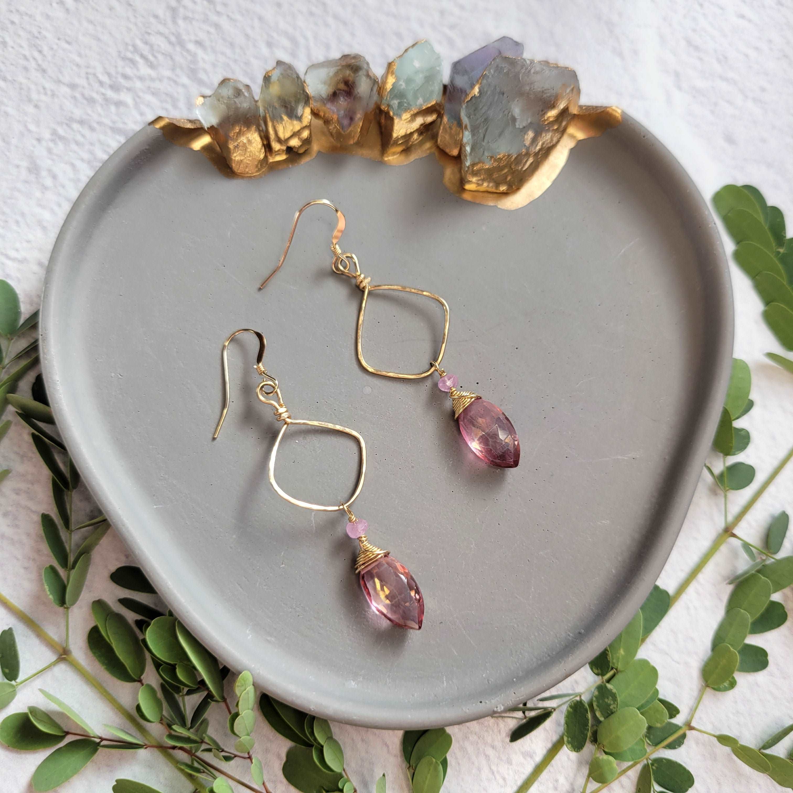 Hammered 14k Gold-Filled Pink Mystic Quartz &amp; Sapphires Earrings