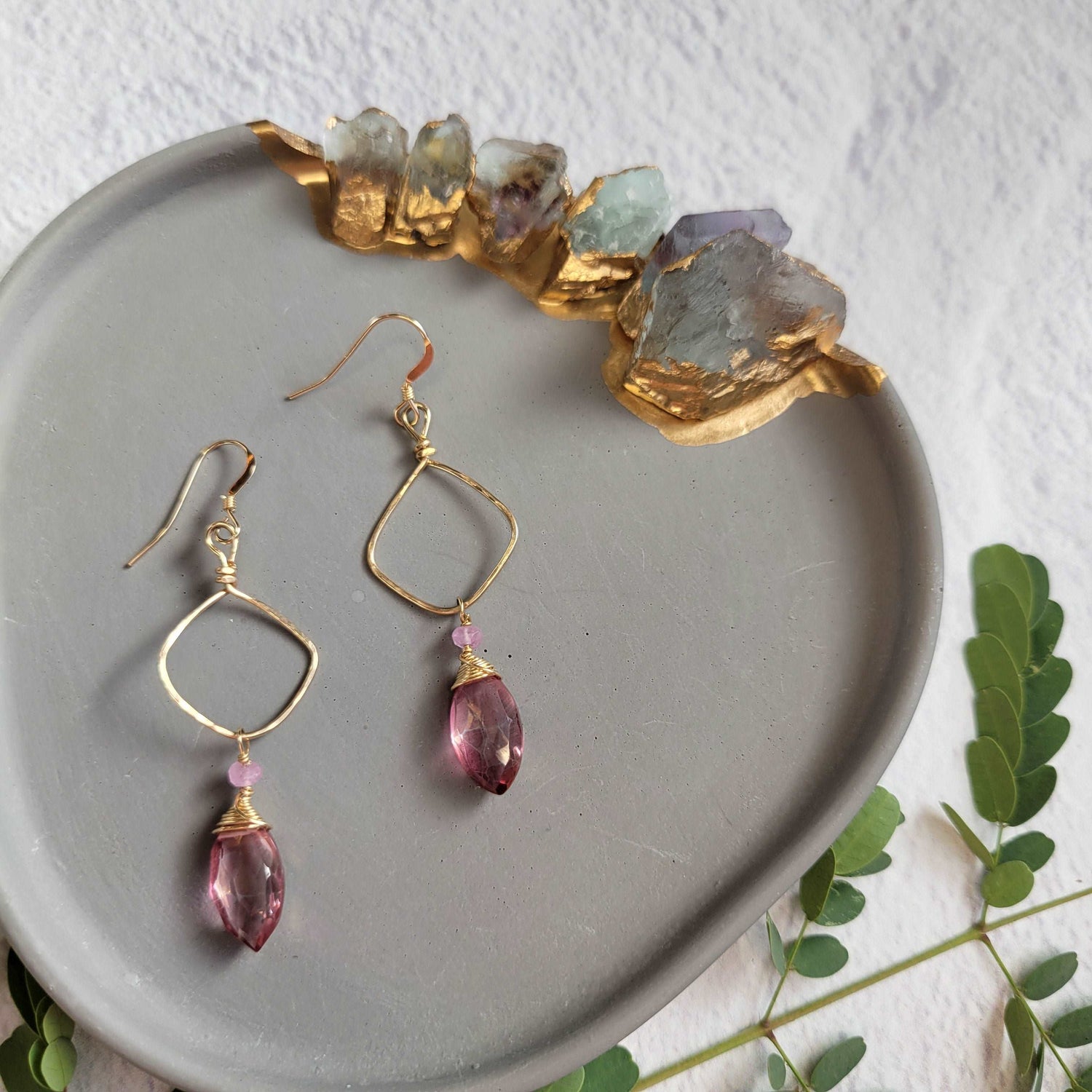 Hammered 14k Gold-Filled Pink Mystic Quartz &amp; Sapphires Earrings