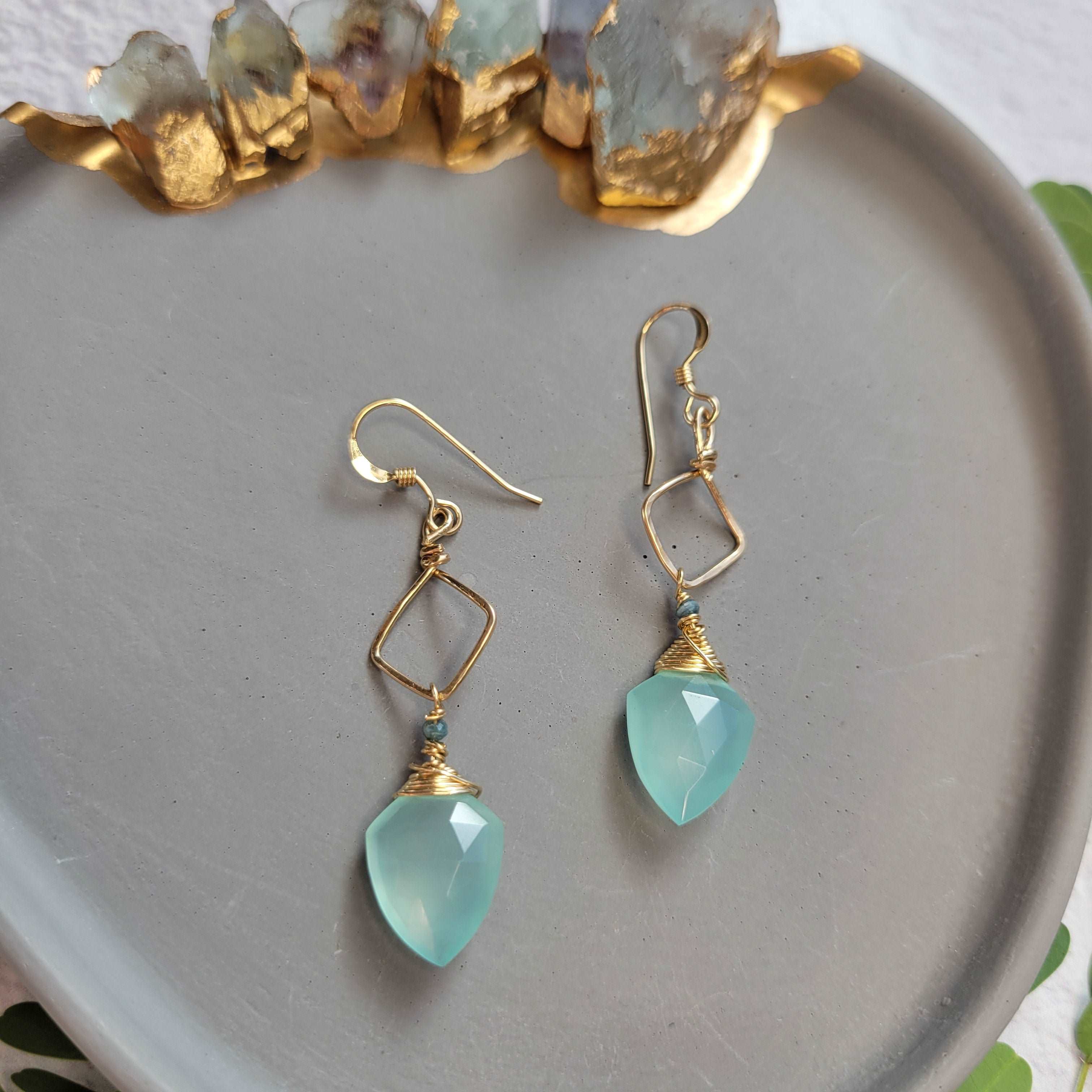 Hammered 14K Gold-Filled Blue Chalcedony &amp; Tourmaline Earrings