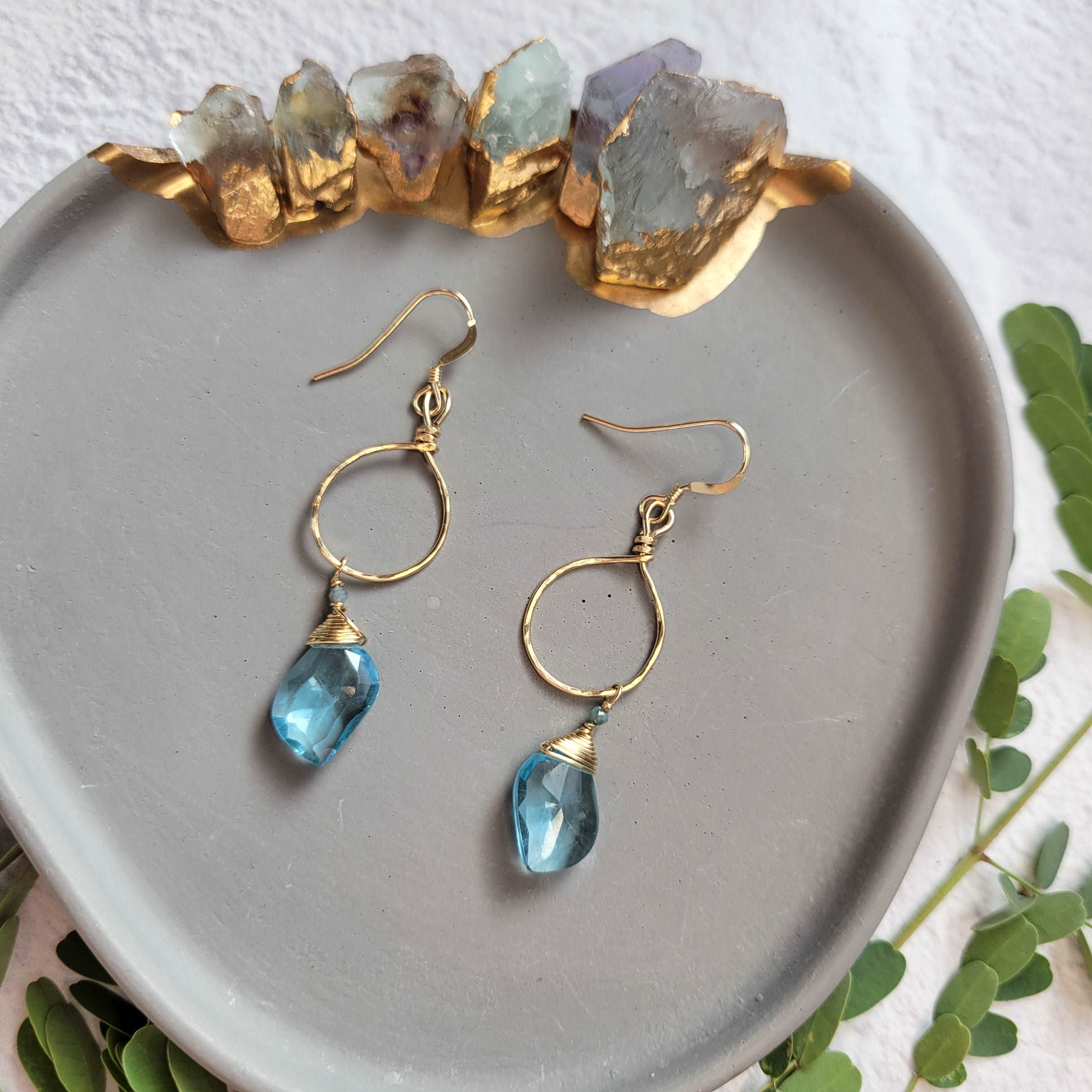 Hammered 14k Gold-Filled Blue Topaz &amp; Tourmaline Earrings