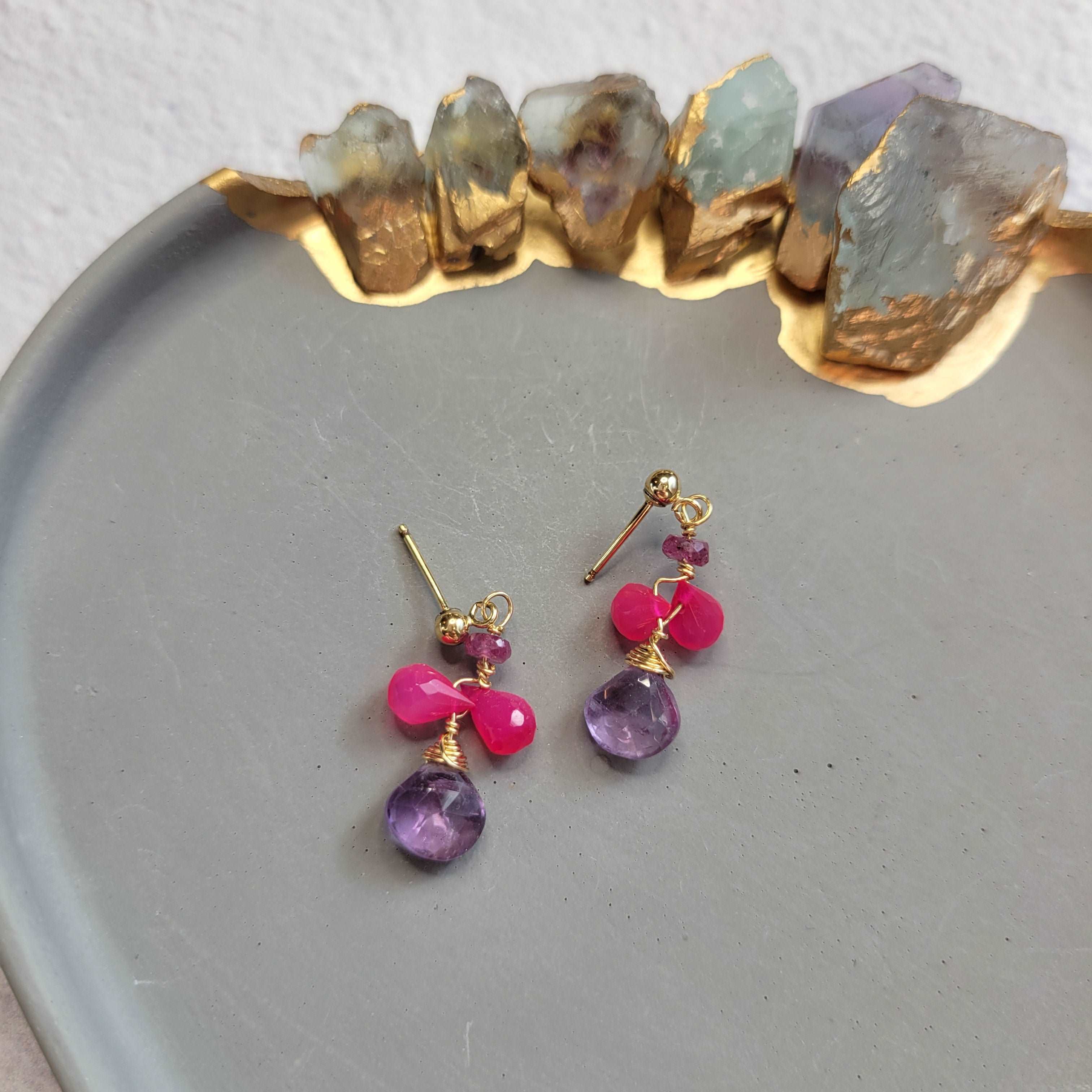 Dainty 14K Gold-Filled Pink Chalcedony, Pink Tourmaline &amp; Amethyst Earrings