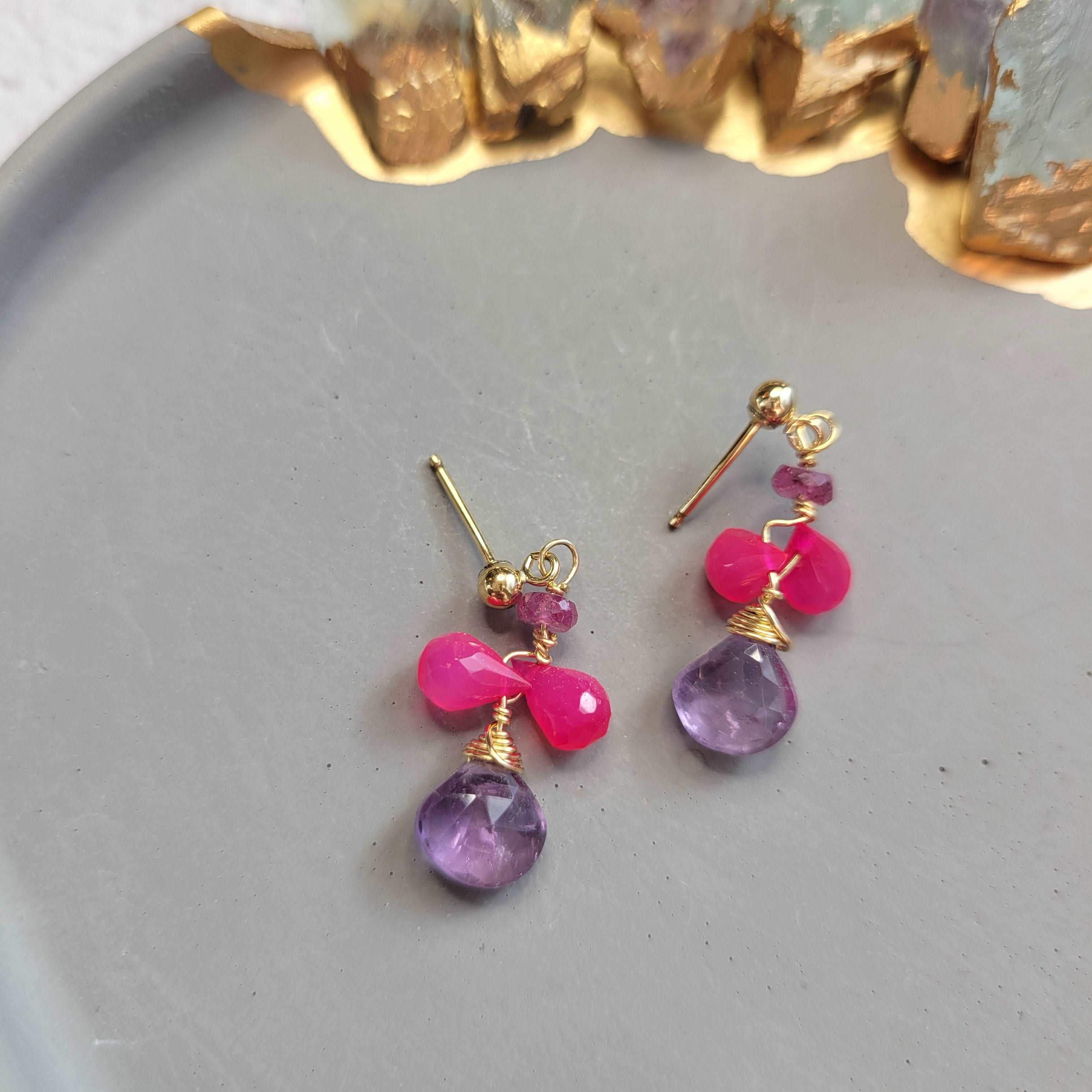 Dainty 14K Gold-Filled Pink Chalcedony, Pink Tourmaline &amp; Amethyst Earrings