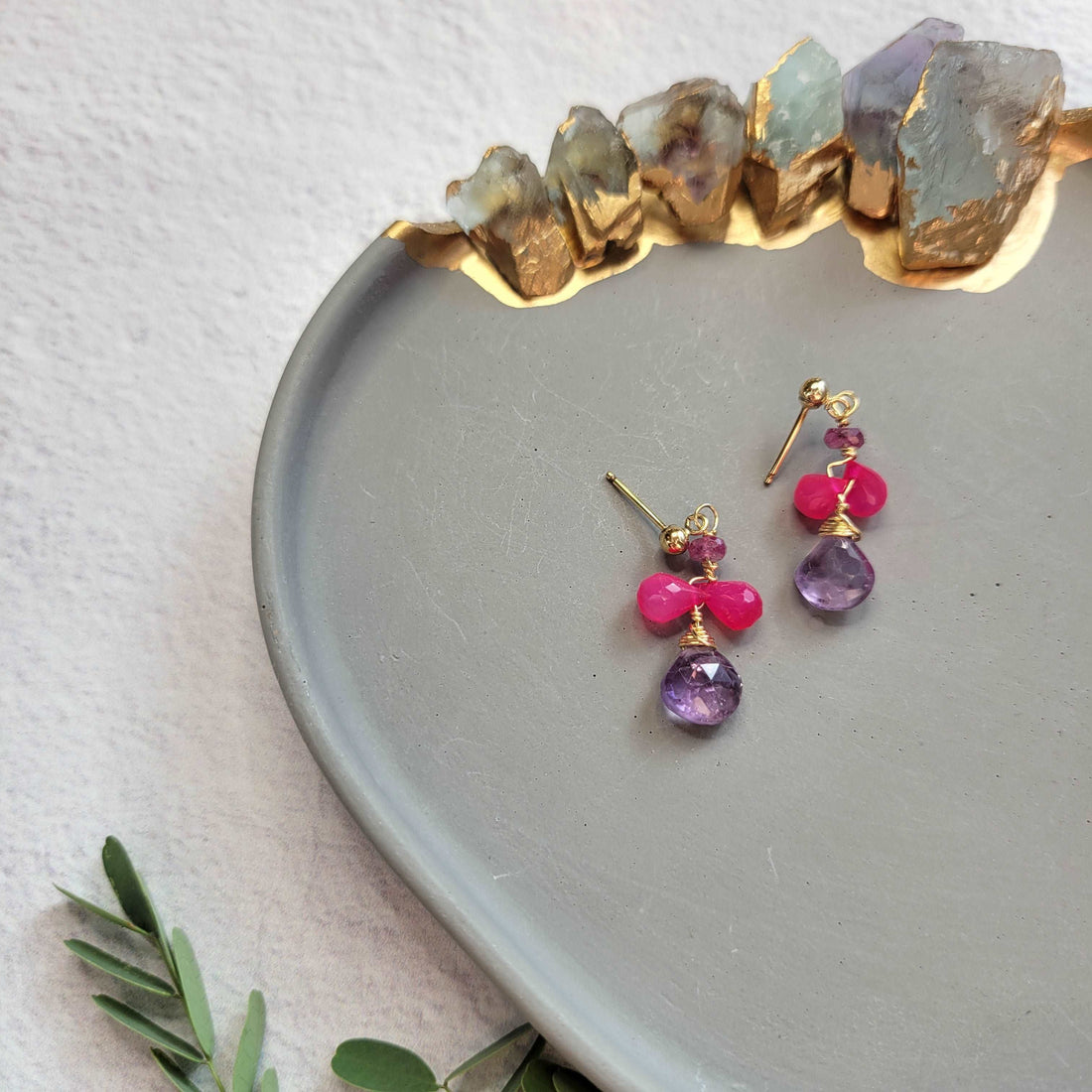 Dainty 14K Gold-Filled Pink Chalcedony, Pink Tourmaline &amp; Amethyst Earrings