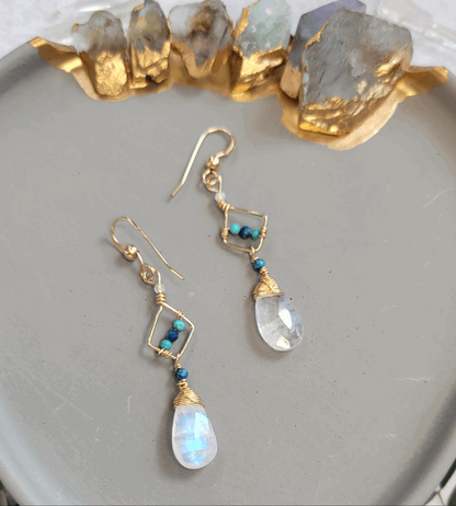 Handcrafted Hammered 14k Gold-Filled, Arizona Turquoise, Chrysoella, &amp; Rainbow Moonstone Earrings