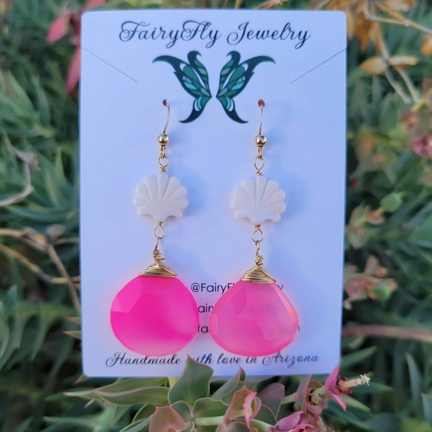 14k Gold-Filled Clam Shell &amp; Pink Chalcedony Earrings