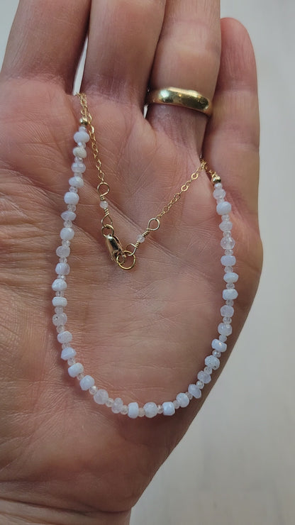 24&quot; 14k Gold-Filled Handcrafted Blue Lace Agate &amp; Rainbow Moonstone Dainty Necklace