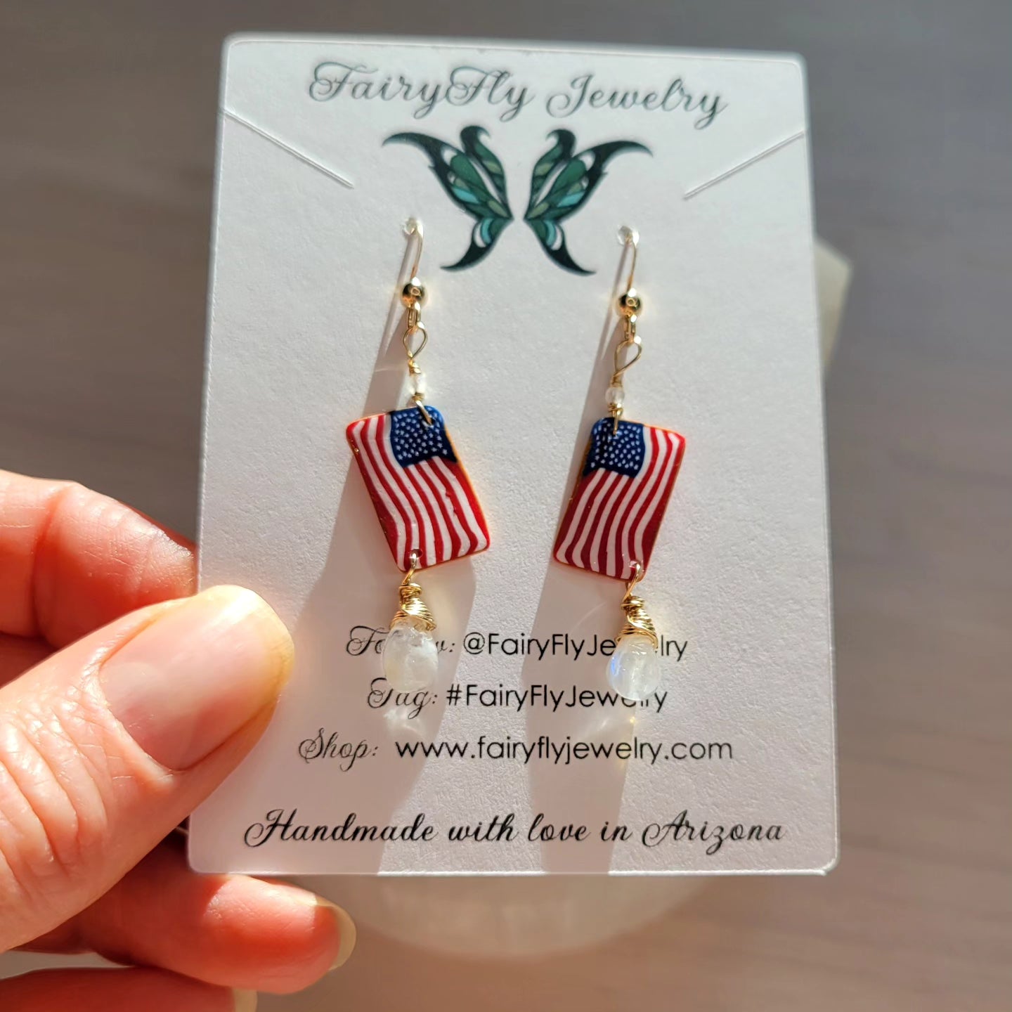 Handcrafted American Flag Polymer &amp; 14k Gold-Filled Rainbow Moonstone Earrings