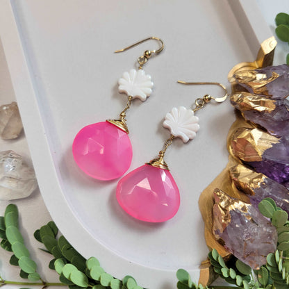 14k Gold-Filled Clam Shell &amp; Pink Chalcedony Earrings