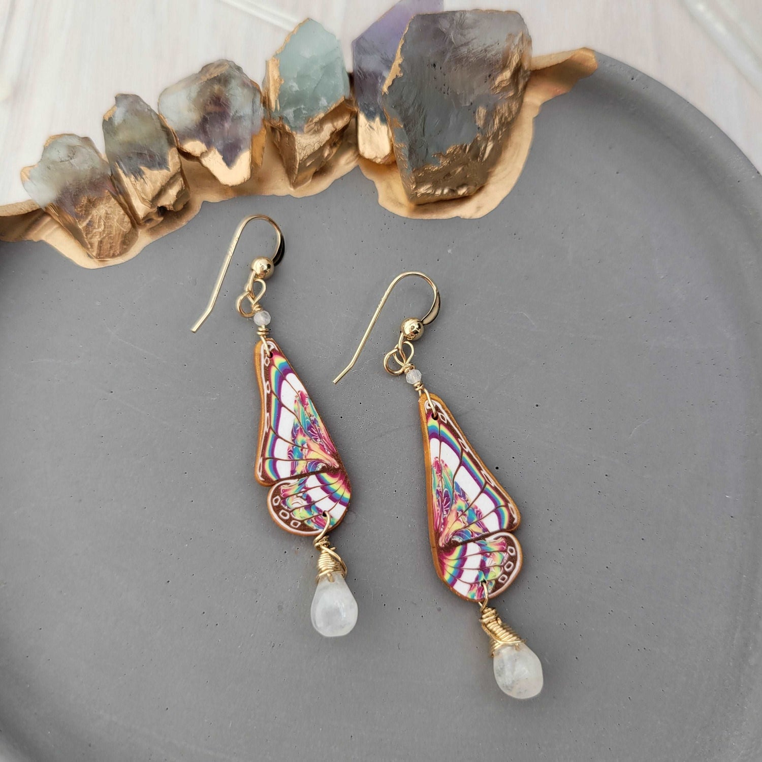 14k Gold-Filled Handcrafted Butterfly Polymer Rainbow Pride Earrings with Rainbow Moonstone Gemstones