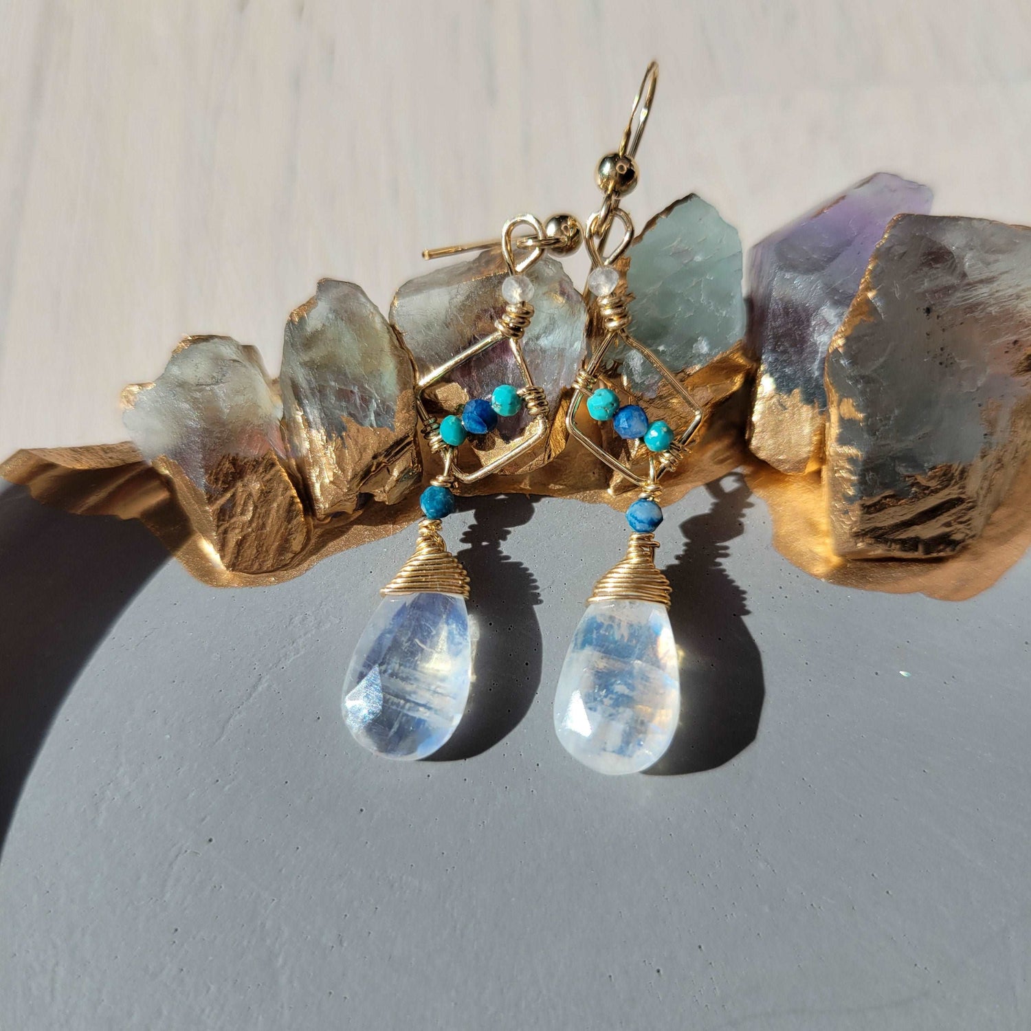 Handcrafted Hammered 14k Gold-Filled, Arizona Turquoise, Chrysoella, &amp; Rainbow Moonstone Earrings