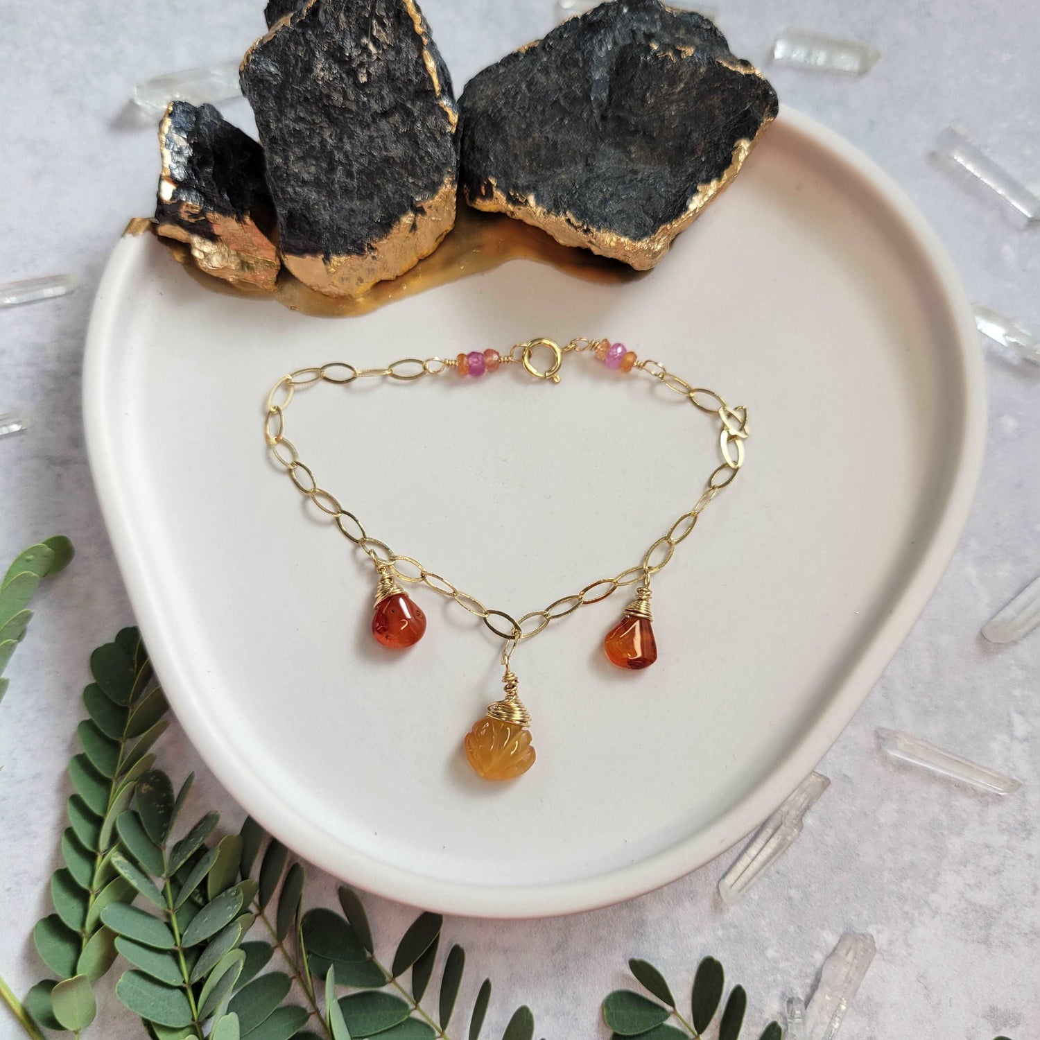 Handcrafted 14k Gold-Filled Carnelian Gemstone Charm Bracelet with Orange &amp; Pink Sapphires