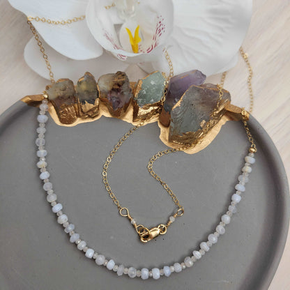 24&quot; 14k Gold-Filled Handcrafted Blue Lace Agate &amp; Rainbow Moonstone Dainty Necklace