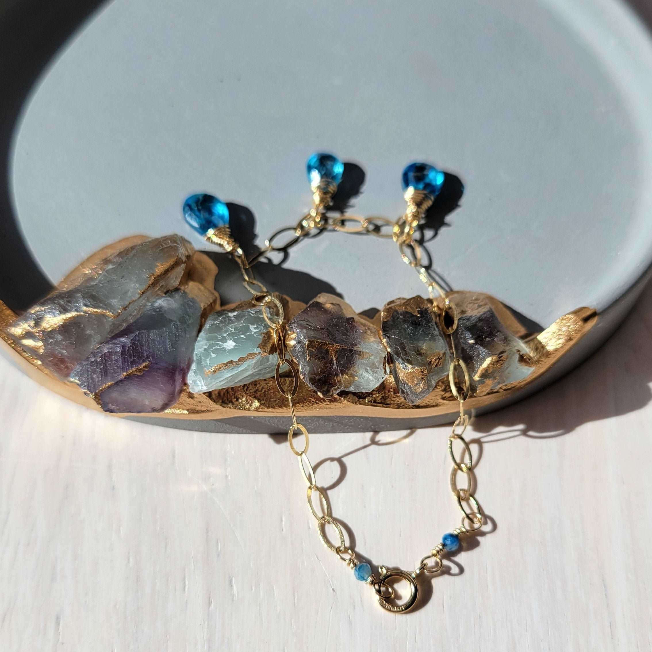 Handcrafted 14k Gold-Filled Gemstone Charm Bracelet with Blue Zircon &amp; Chrysocolla