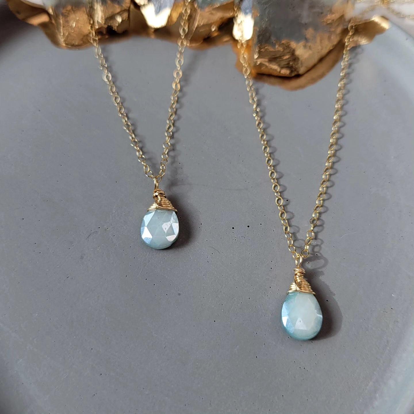 14k Gold-Filled 20&quot; Blue Moonstone Bridal Necklace with Blue Opal Clasp Details