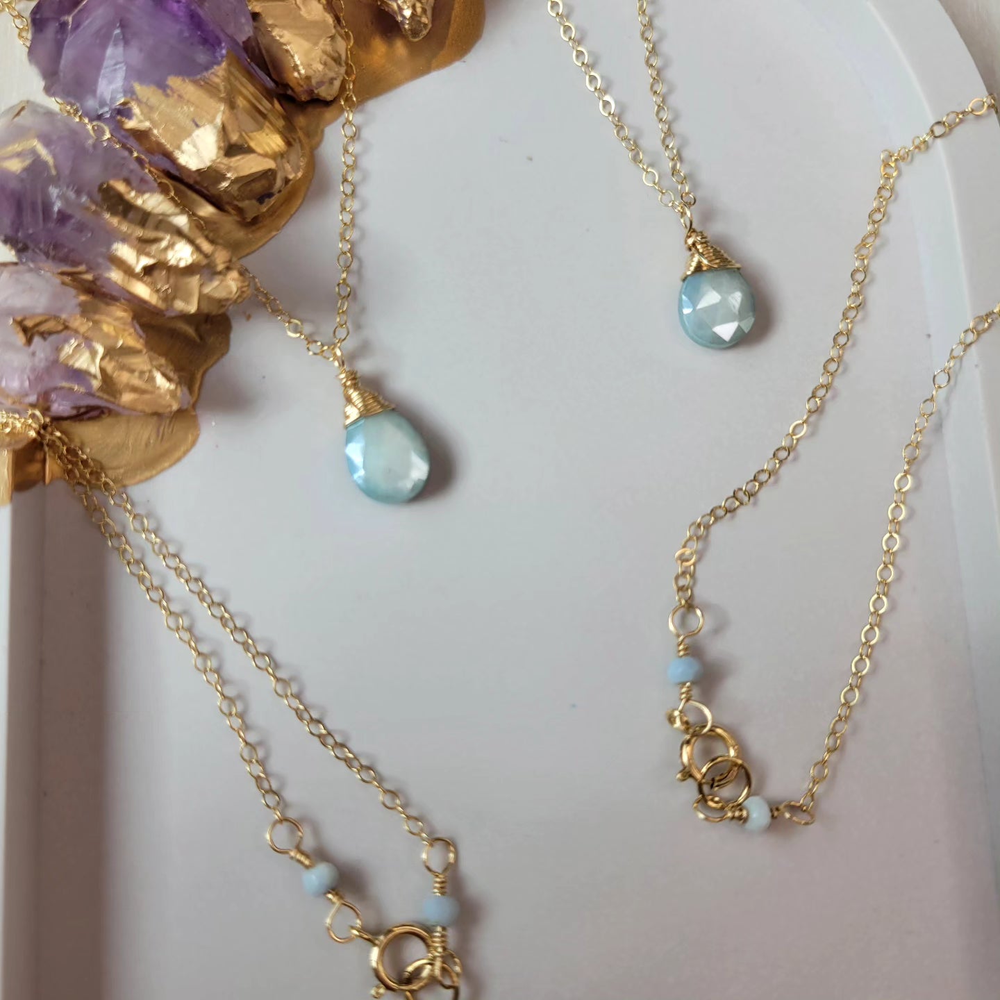 14k Gold-Filled 20&quot; Blue Moonstone Bridal Necklace with Blue Opal Clasp Details