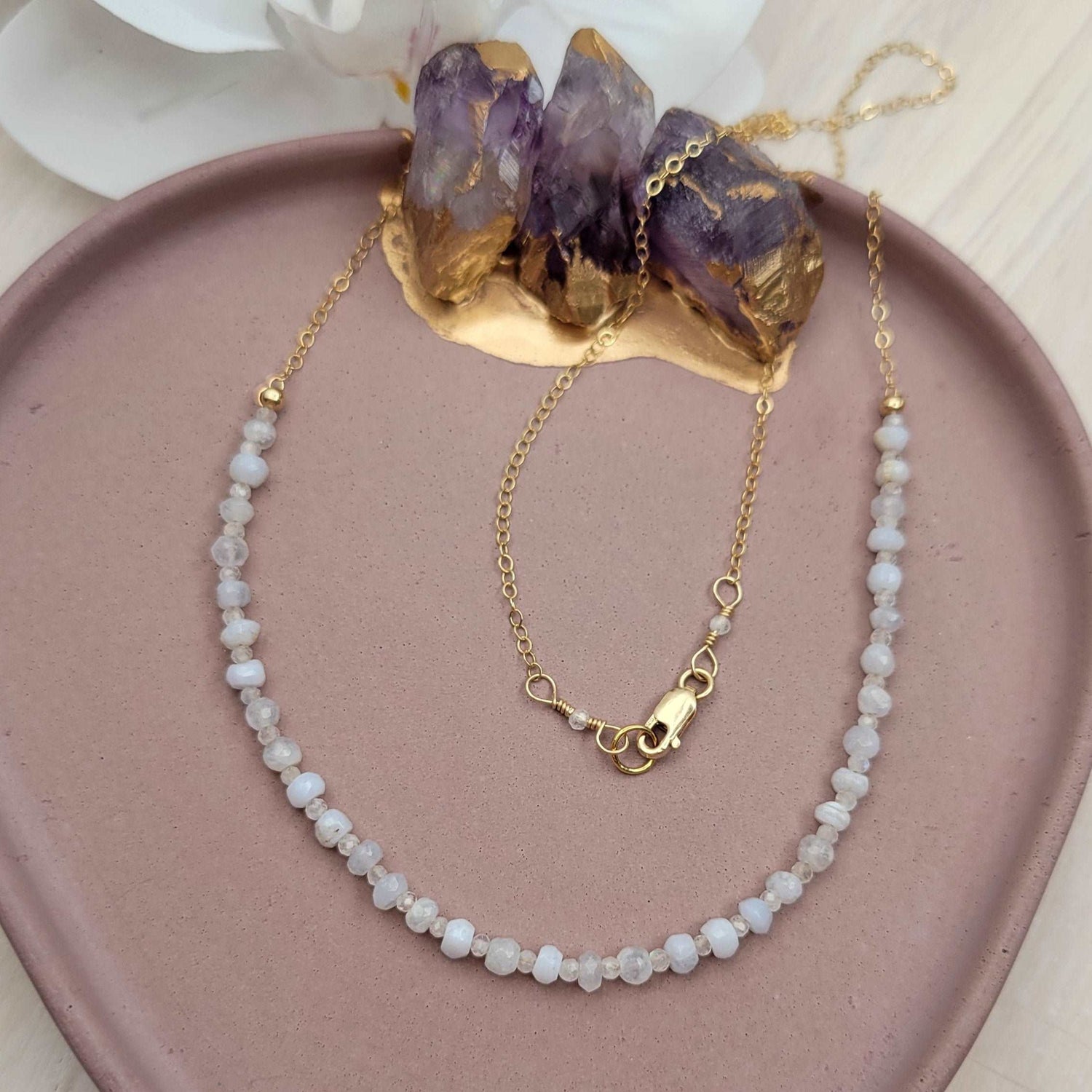 24&quot; 14k Gold-Filled Handcrafted Blue Lace Agate &amp; Rainbow Moonstone Dainty Necklace