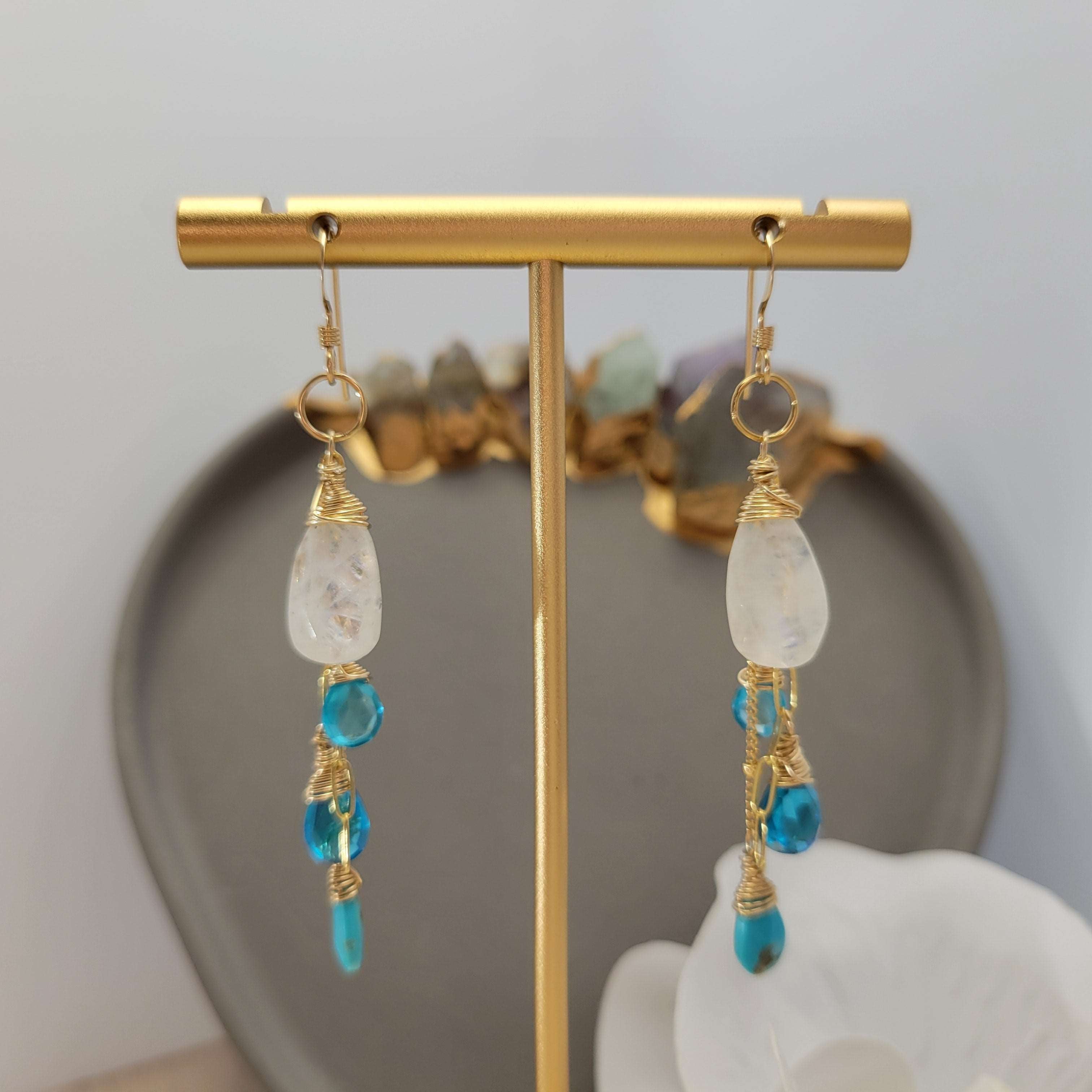 Handcrafted 14k Gold-Filled Rainbow Moonstone, Turquoise, &amp; Blue Zircon Earrings