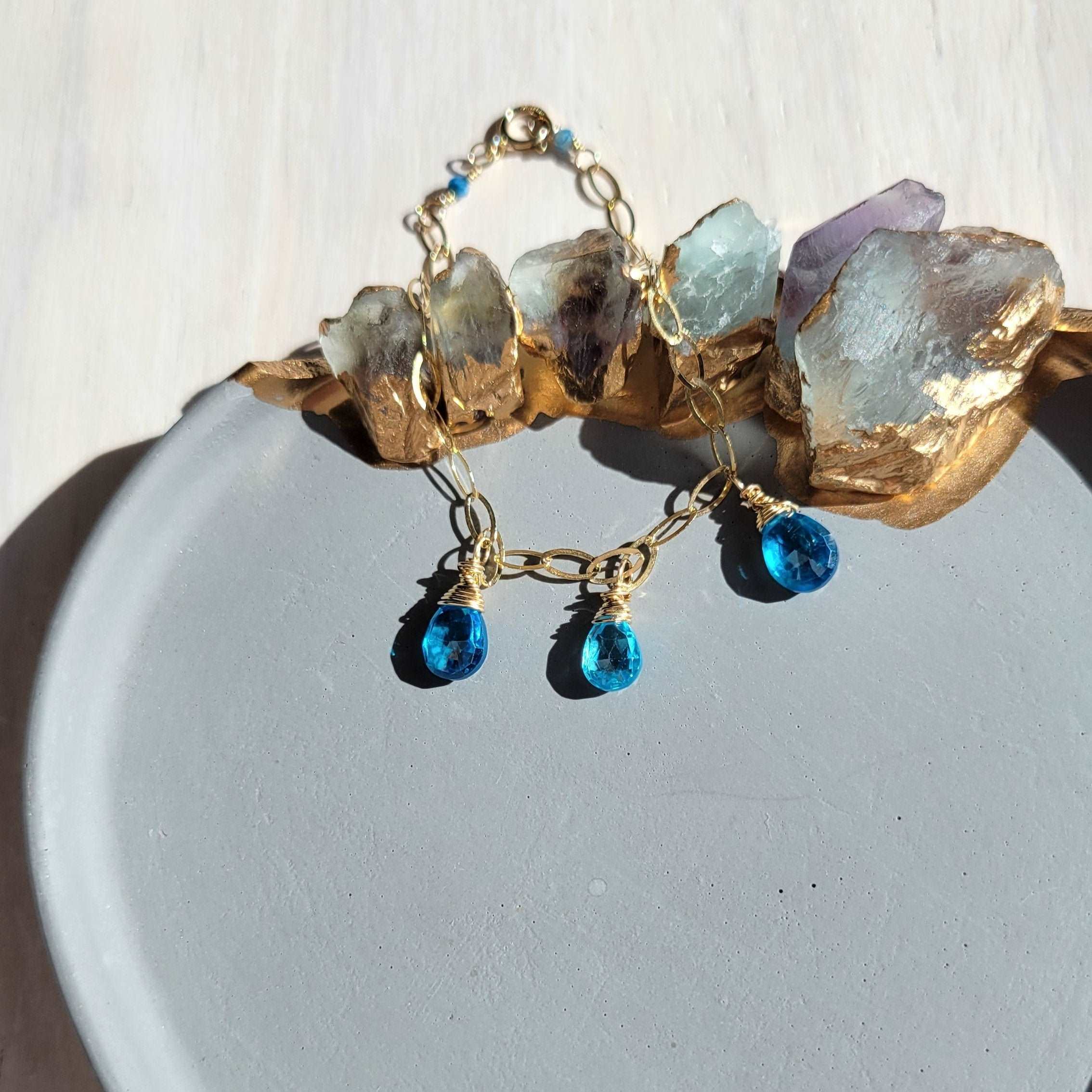 Handcrafted 14k Gold-Filled Gemstone Charm Bracelet with Blue Zircon &amp; Chrysocolla